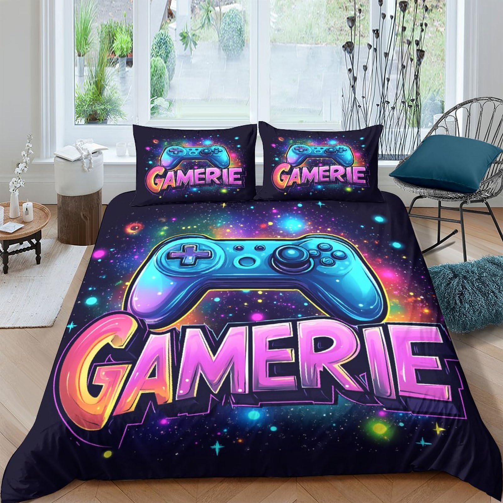 Ctjqhvkz Style-2 3D Printed Neon Game Controller Fitted Sheet Microfiber Soft Vibrant Gamerie Bed Cover For Bedroom Dorm Mattress Decor Single（135X200cm）