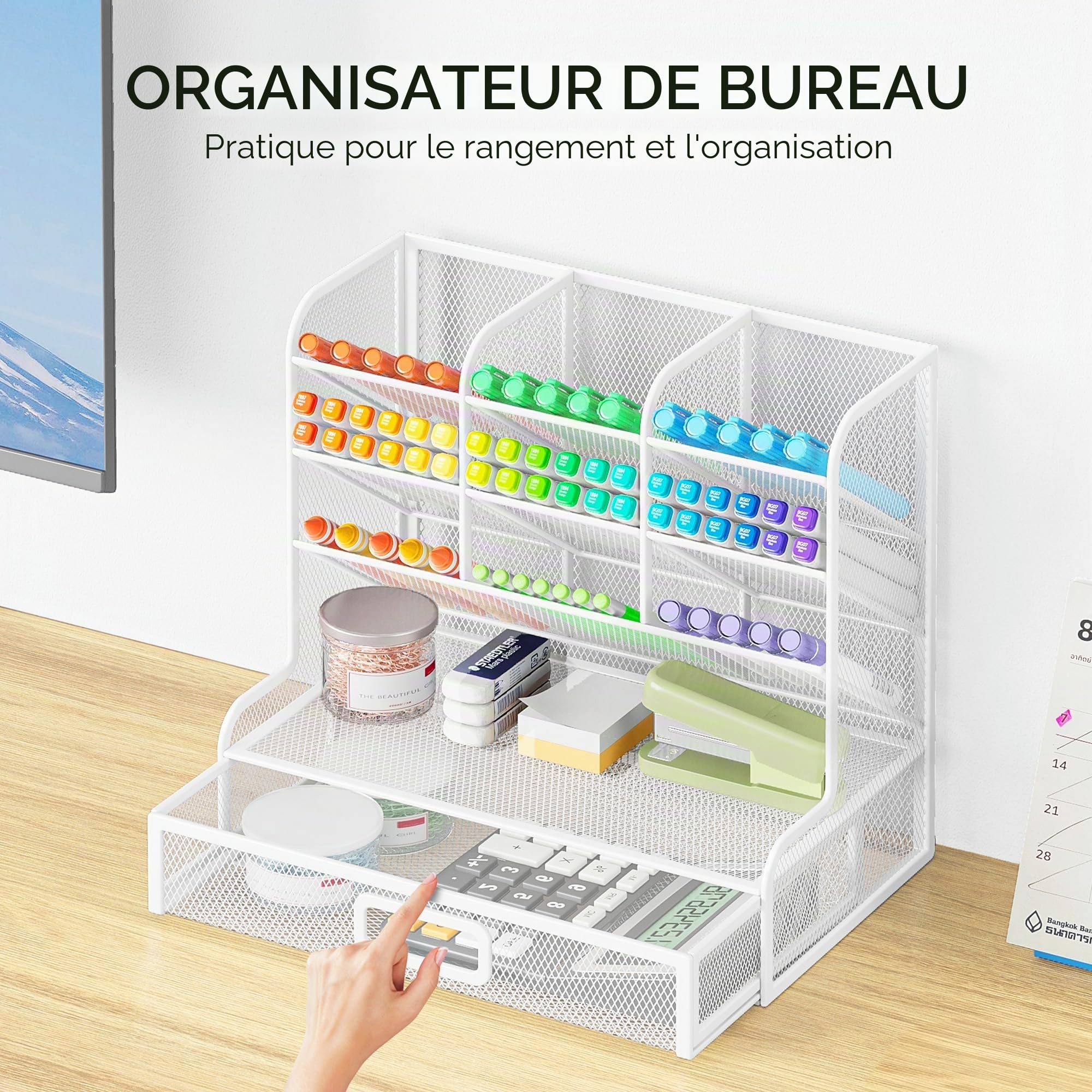 VITVITI Organiseur de Bureau à 4 Niveaux avec Tiroir, 10 Compartiments Porte-stylos pour le Rangement du Bureau - Blanc