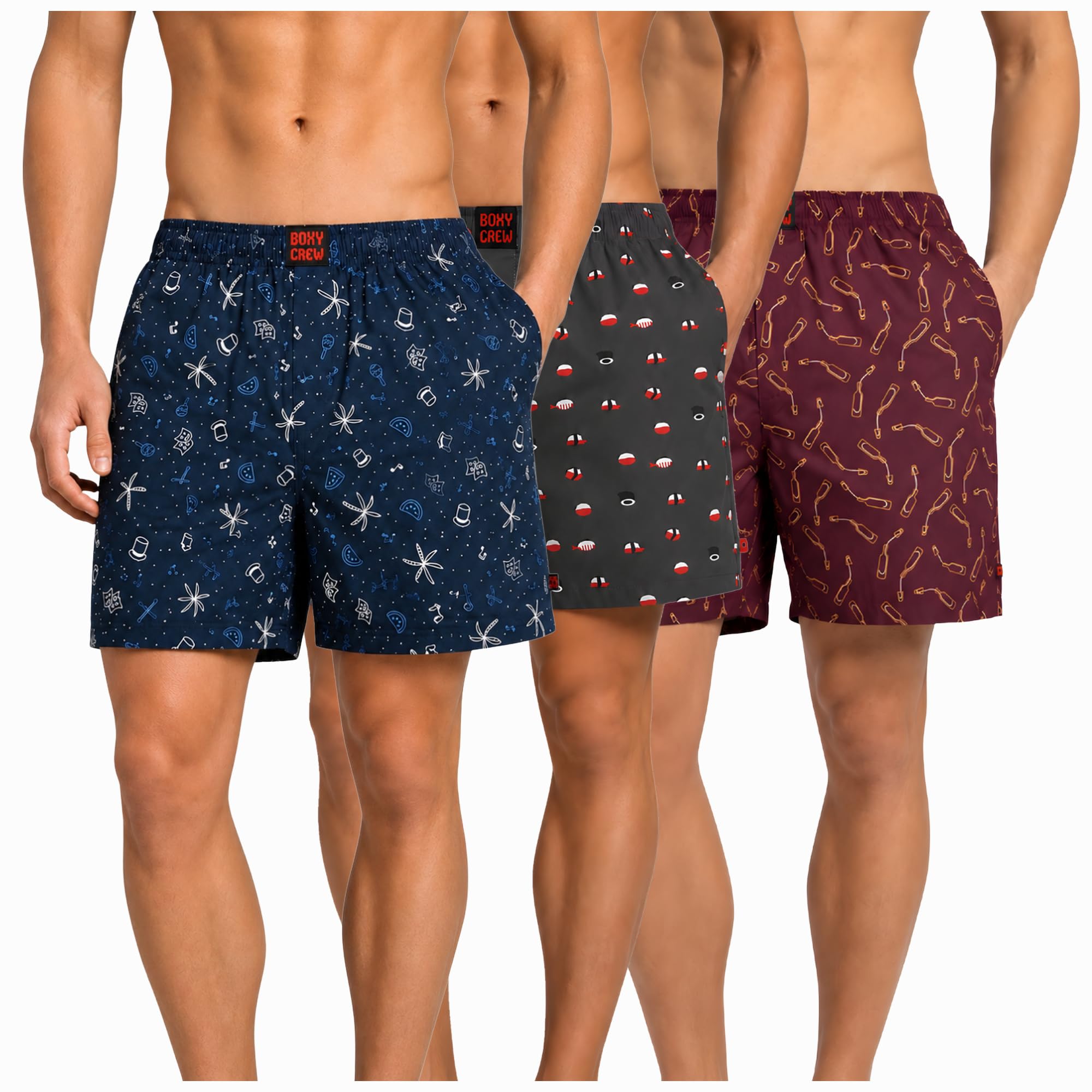 Men's 100% Cotton Boxer Shorts Pack of 3, Navy Blue, Charcoal & Maroon | Woven Boxers with Side Pockets, No-Marks Elastic Waistband, Breathable Relaxed Fit | Style 007-012-014-image-38
