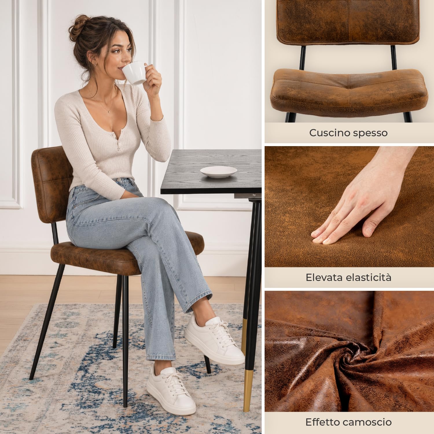 MEUBLE COSY Set di 4 Sedie da Pranzo Imbottito con Schienale Senza Braccioli in Pelle Scamosciata Gambe in Metallo per Cucina Sala Soggiorno Ufficio, Marrone