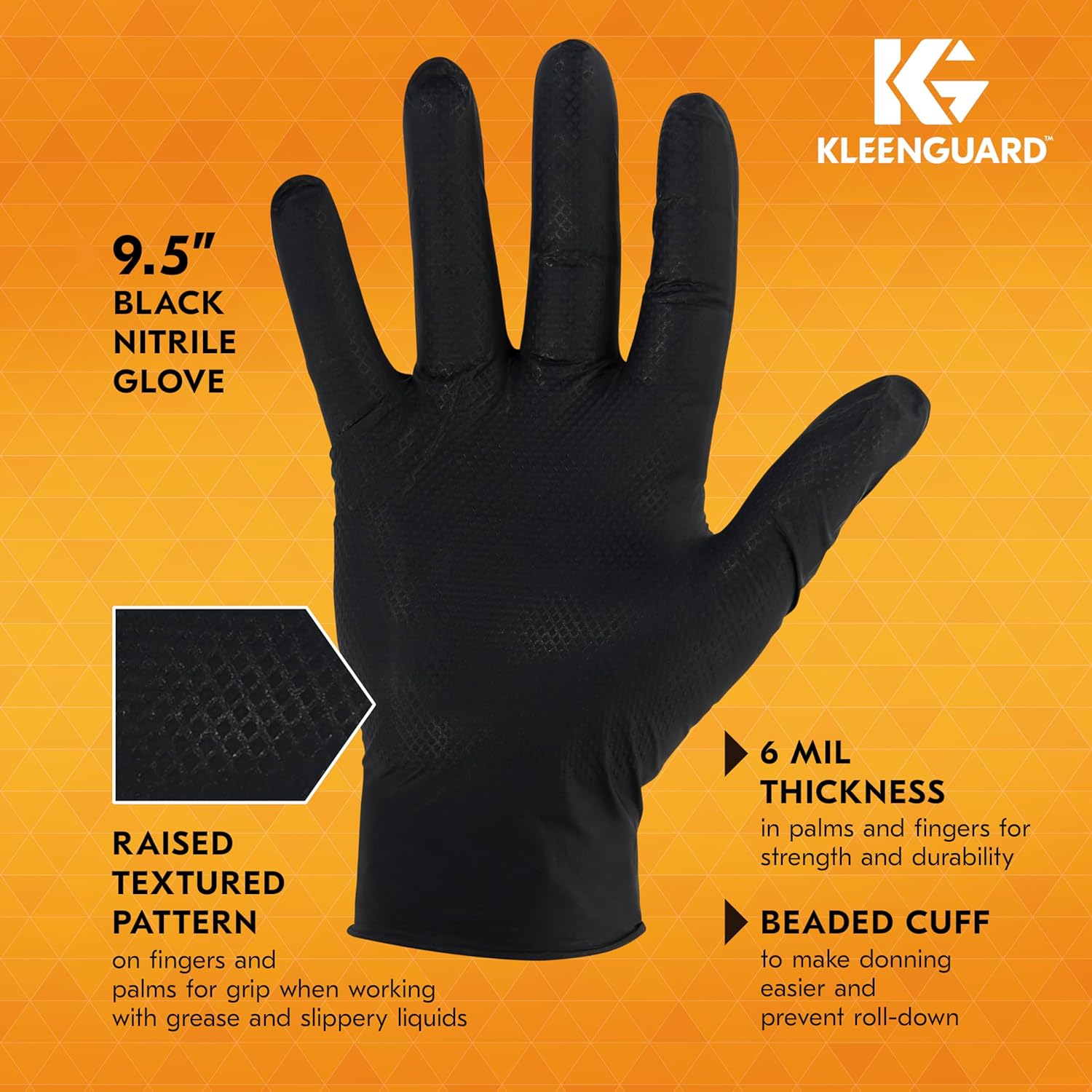 KleenGuard™ Kraken Grip Fully Textured Black Nitrile Gloves (49277), Large (L), Powder-Free, 6 Mil, Ambidextrous, Thin Mil, 100 Gloves/Box, 10 Boxes/Case