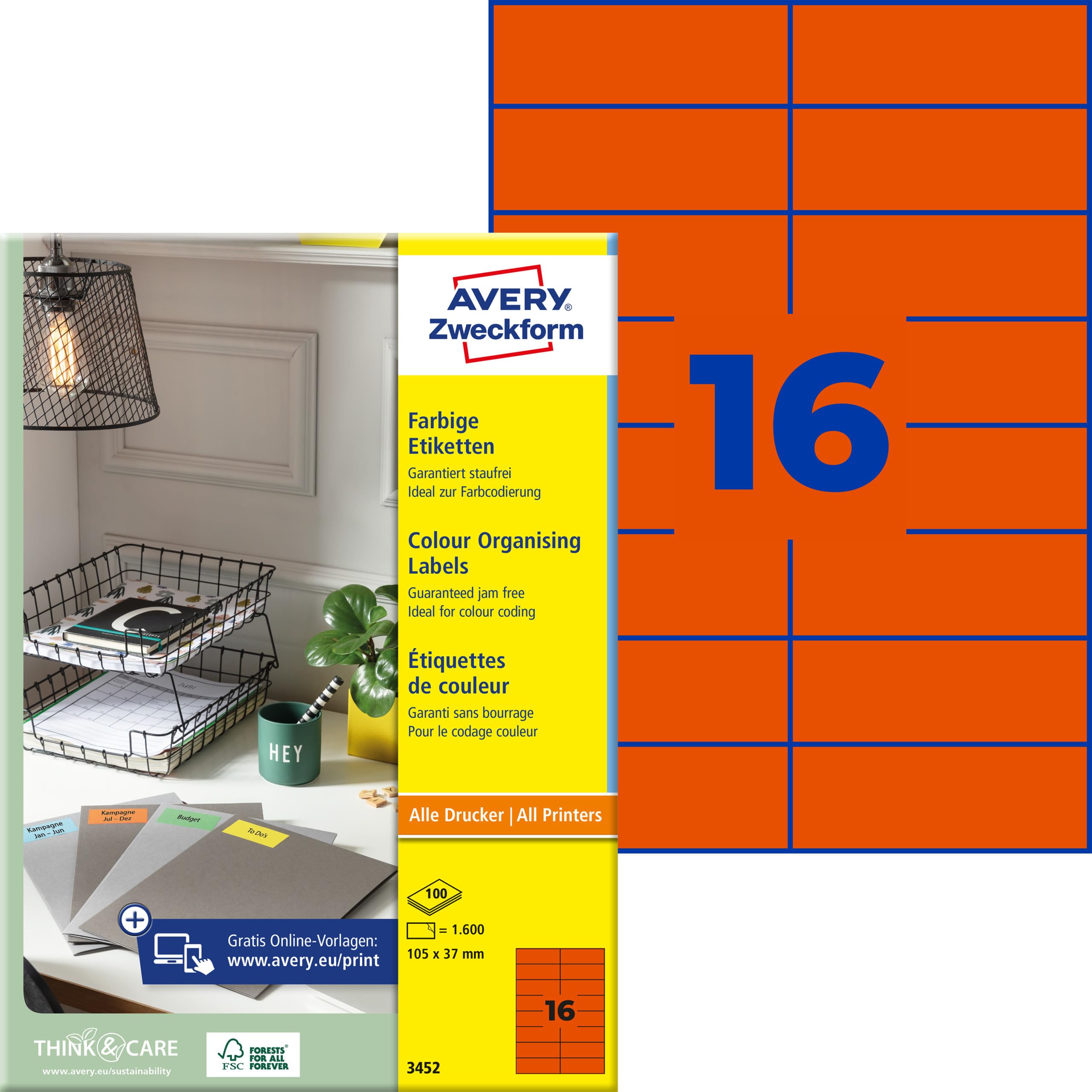 AVERY Zweckform 3452 Rote Etiketten (1.600 Aufkleber, 105x37mm auf A4, permanent haftend, selbstklebende Farbetiketten, Papier matt, bedruckbare, farbige Klebeetiketten) 100 Blatt