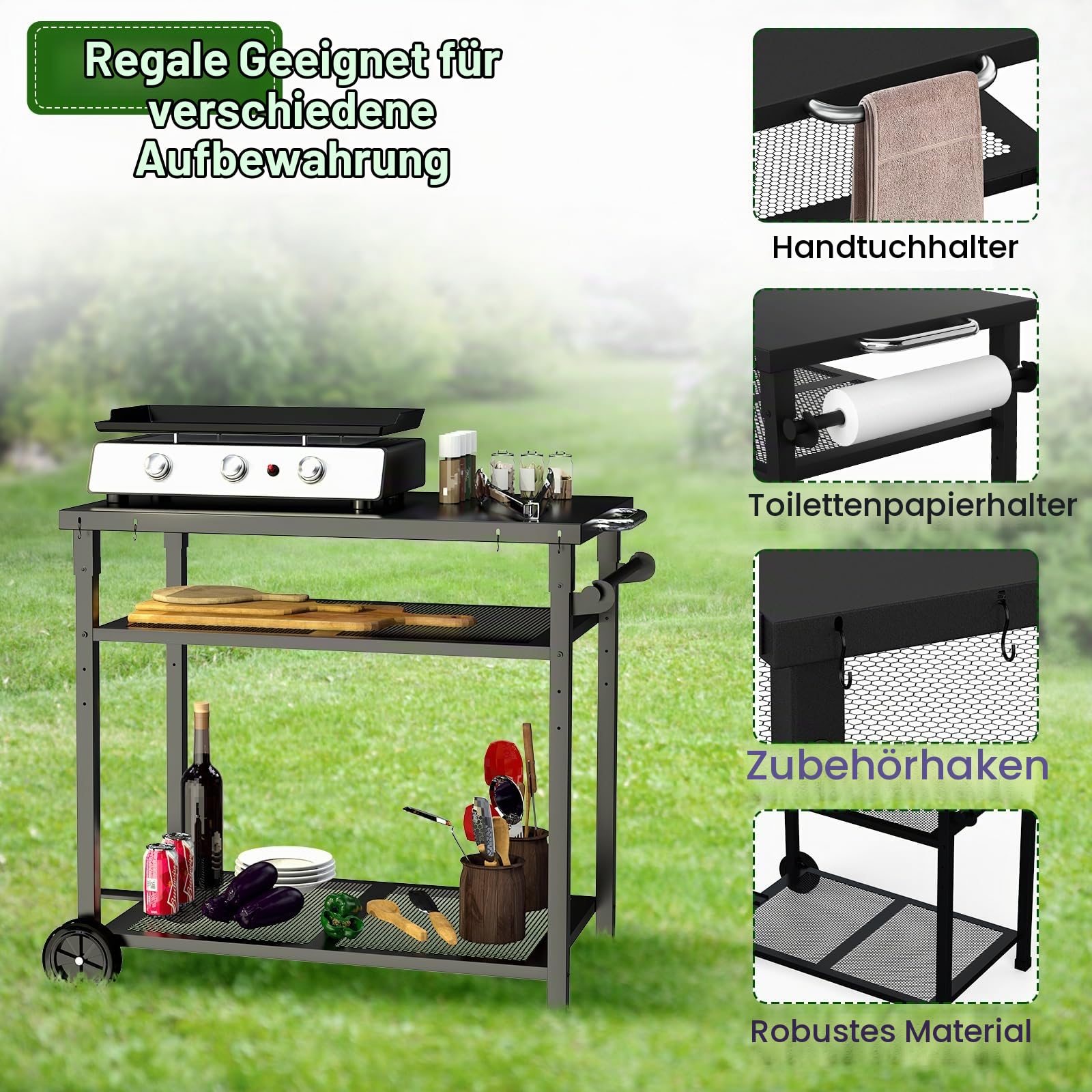 Grillwagen Servierwagen aus Metall,3-Etagen Outdoor Plancha Grilltisch Rollwagen Trolley wasserdicht Arbeitsplatte 85 x 51cm