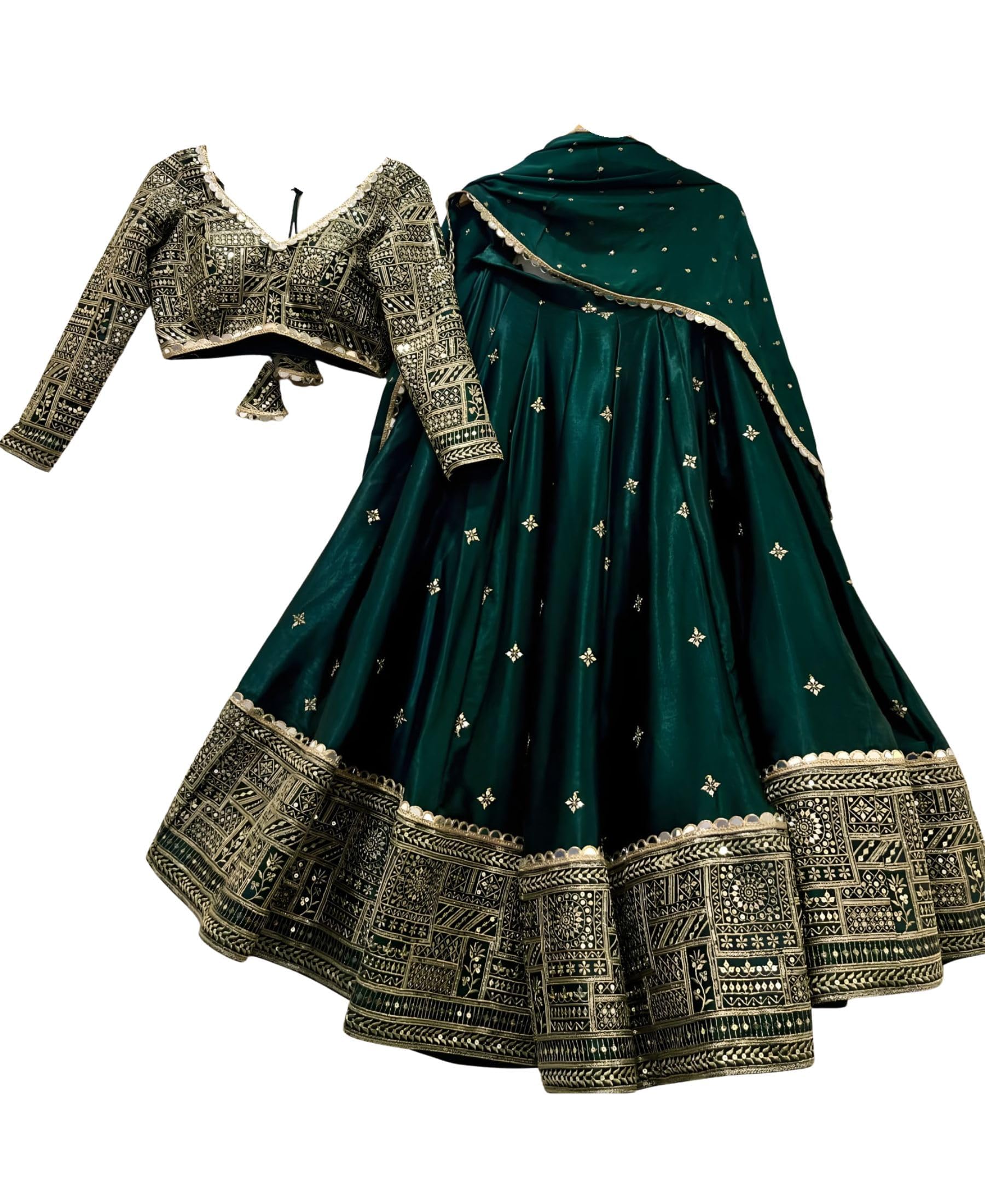 Women's Embroidered Chinon Silk Lehenga Choli Dupatta Set Semi-Stitched Blouse and Fit & Flare Style (Khushi-Green)