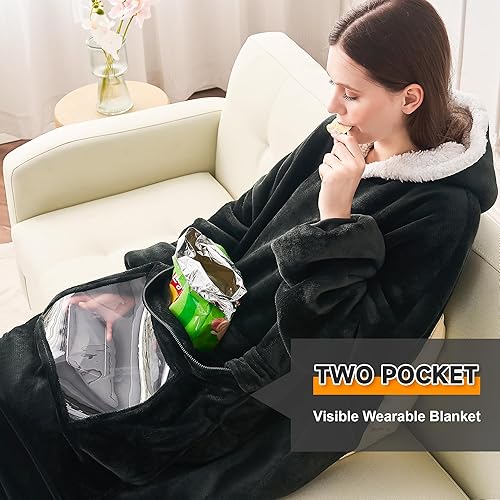 Miniatura 2 de IVOKO Manta con capucha de gran tamaño de forro polar Sherpa con capucha con doble bolsillo visible, acogedora y gigante, manta con capucha plegable