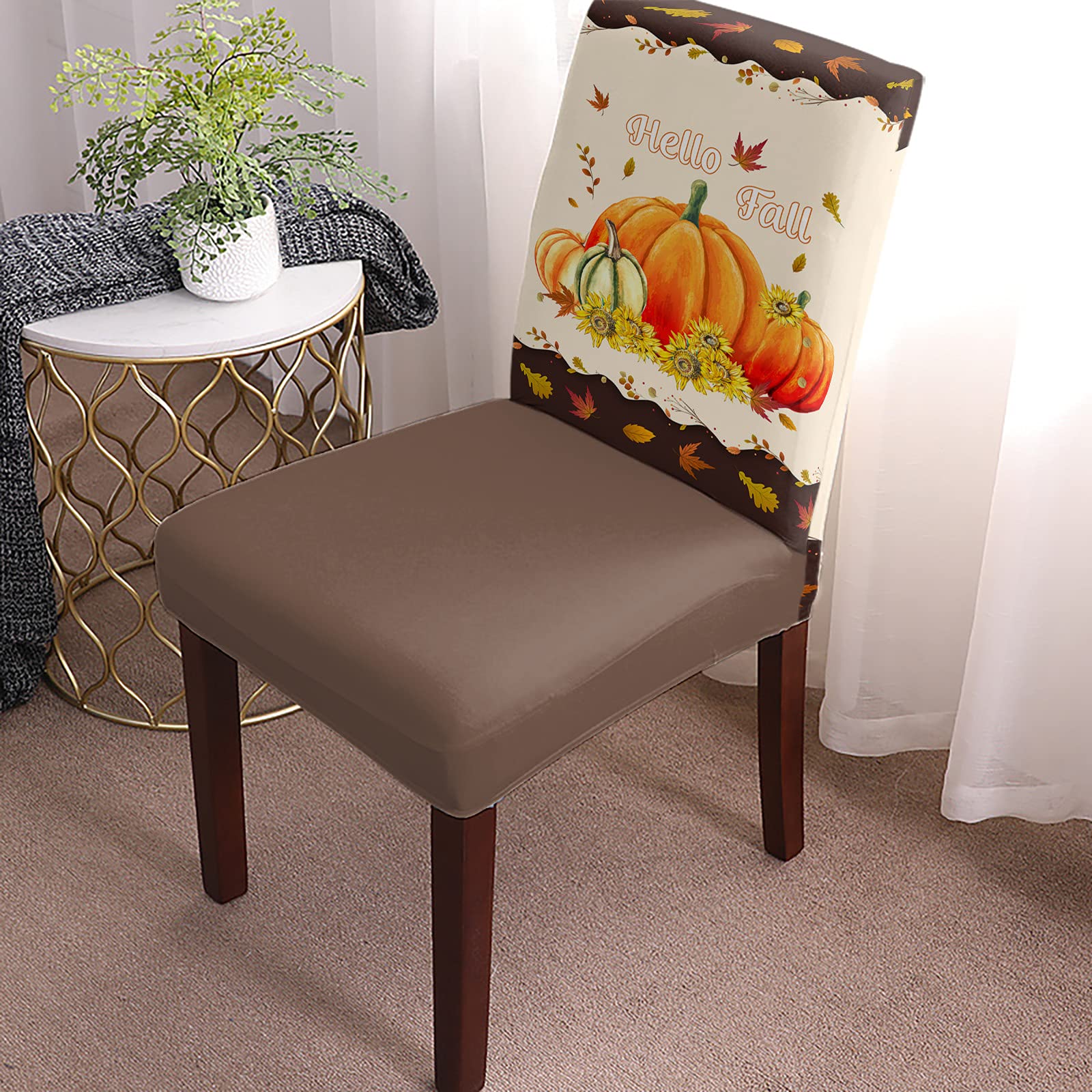 6 Per Set Thanksgiving Pumpkin Hello Fall Chair Covers for Dining Room/Kitchen/Hotel/Ceremony, Autumn Leaves Beige Soft Stretch Chair Protectors Removable Washable Slipcovers