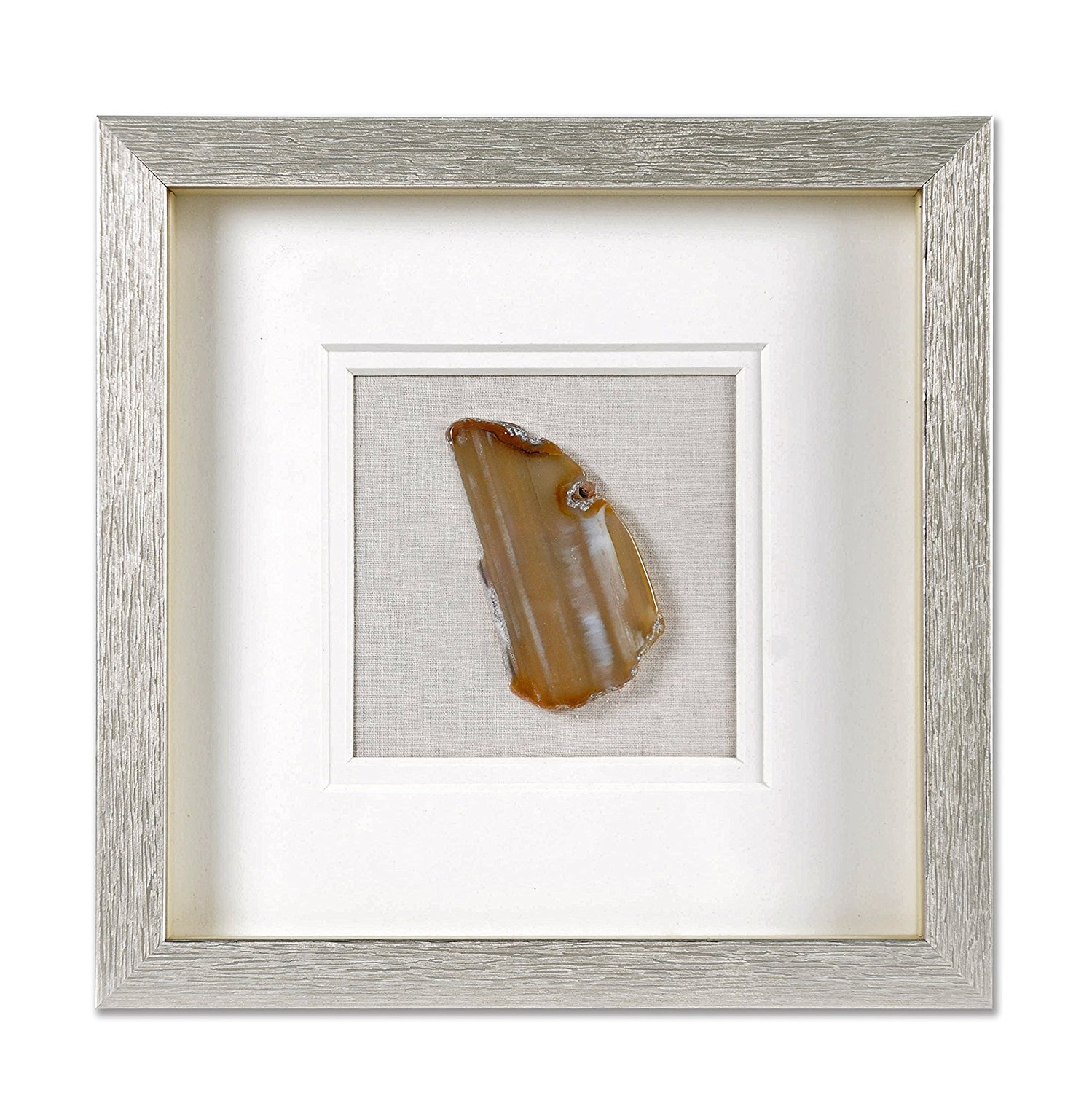 cubism Shadow Box with Natural Color Natural Agate Stone 10x10inch Decorative Wall Art Linen and PS Silver Framed