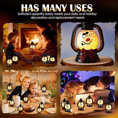 Vista 6 de ROCEEI 12 mini linternas de muñeco de nieve de Navidad decorativas con velas LED parpadeantes, lazo a cuadros, pequeño centro de mesa portátil