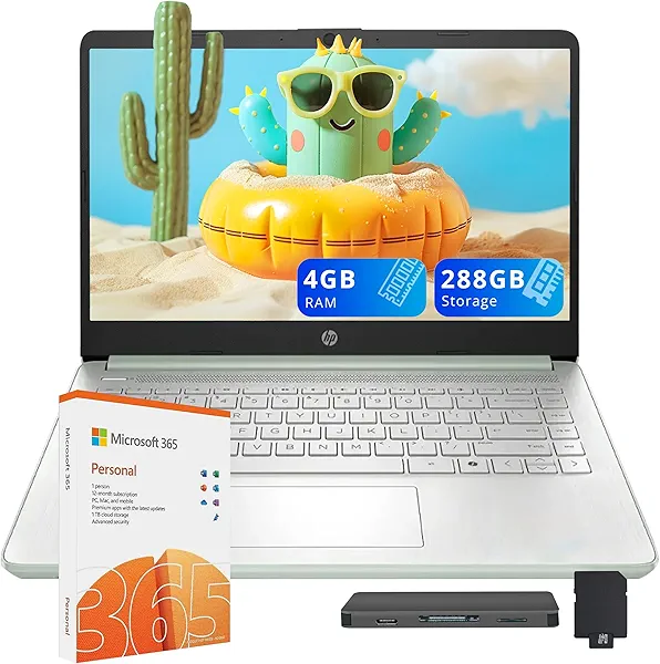 HP 14-inch Ultra Light Laptop W/1 Year Office 365&AI-Copilot, Intel Processor N150, 4GB RAM, 288GB Storage (128GB UFS + 160GB Docking Set), Long Battery Life, HD Camera, Wi-Fi 6, Windows 11s, Green