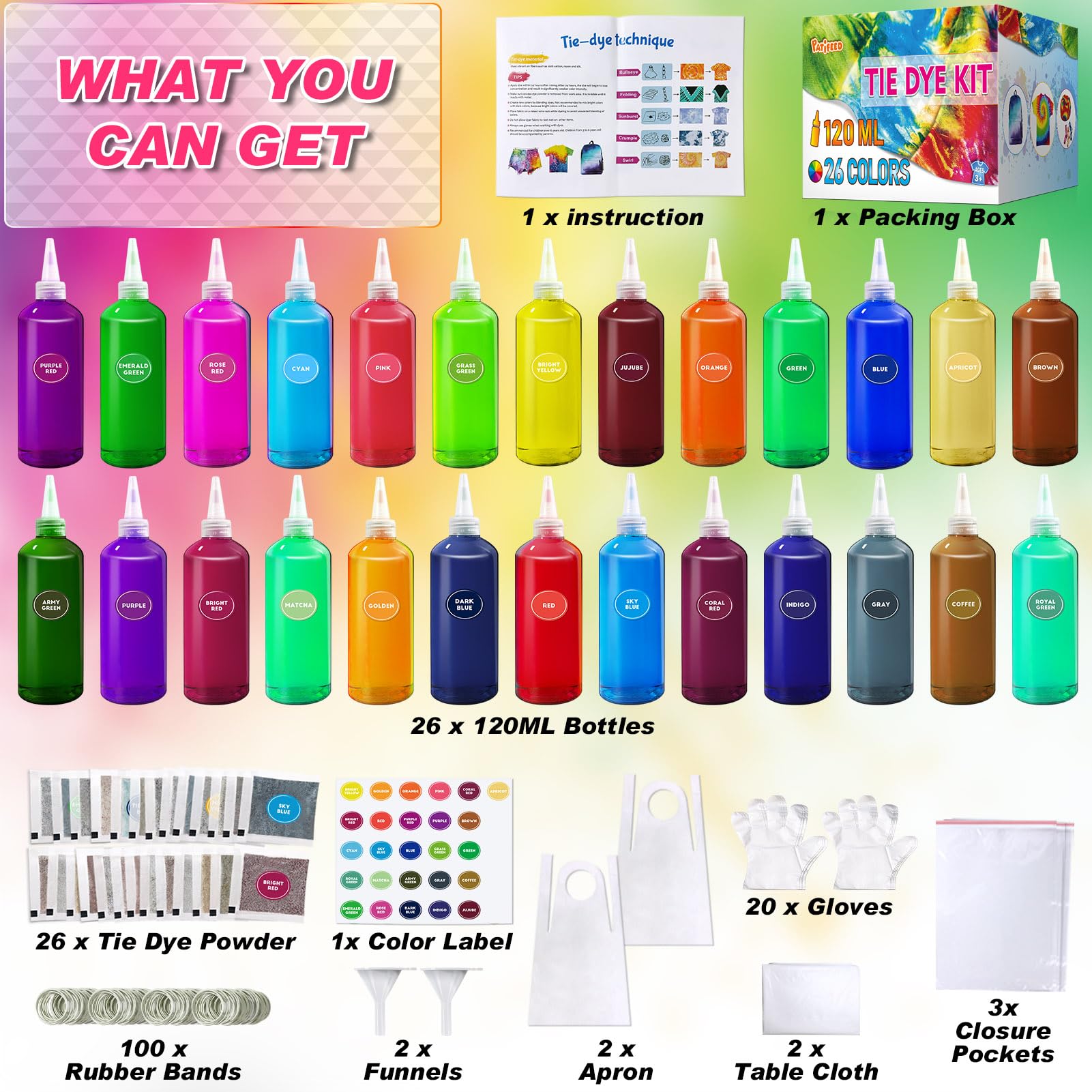 PATIFEED Batikfarben Set für Kinder, 35 Farben Batik-Set, Tie Dye Kit für Kleidung, Spiele und