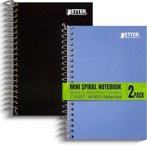 Better Office Products Cuaderno de espiral de 1 tema, paquete de 2, cuadernos pequeños personales, cubiertas de polietileno, 7 x 4.375 pulgadas,
