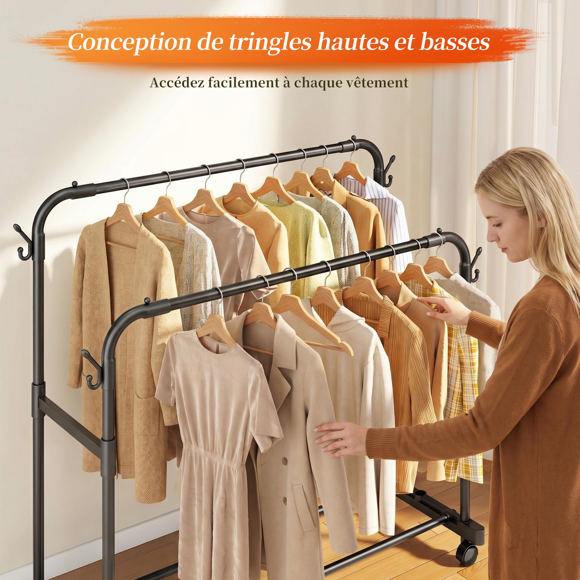Portant Vetement Solide à Roulettes avec 4 Crochets & Anti-dérapant, Portant à Vêtements Double Tringle, Porte-vêtements Penderie Vetement Dressing pour Pulls, Manteaux, Chemises, Charge 75 kg