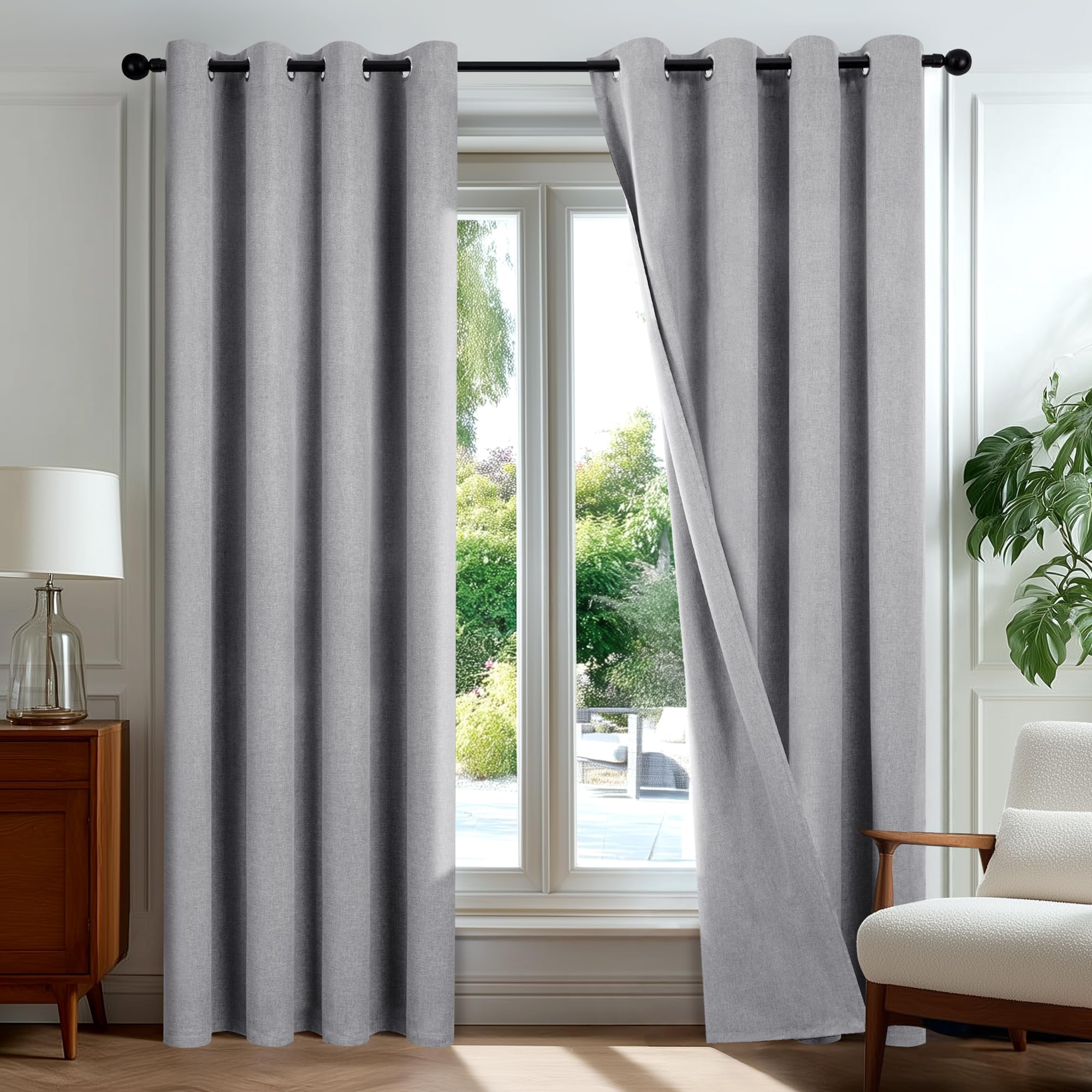 Deconovo 100% Blackout Curtains Double-sided Faux Linen Thermal Insulated Eyelet Dark Grey Curtains for Living Room, W66 x L72 Inch, Dark Grey, Two Panels
