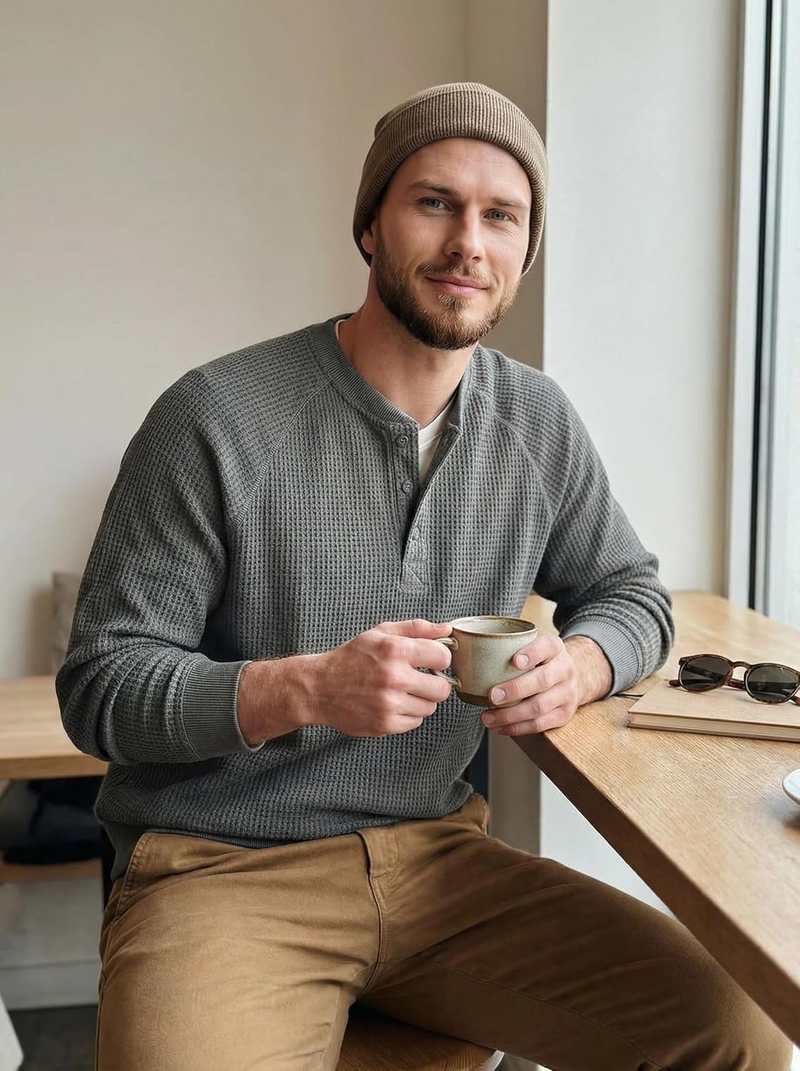 QIVICIMA Raglan Long Sleeve Waffle Henley Shirts for Men Textured Cotton Pullover Knit Tee with Button Neckline - Image 6