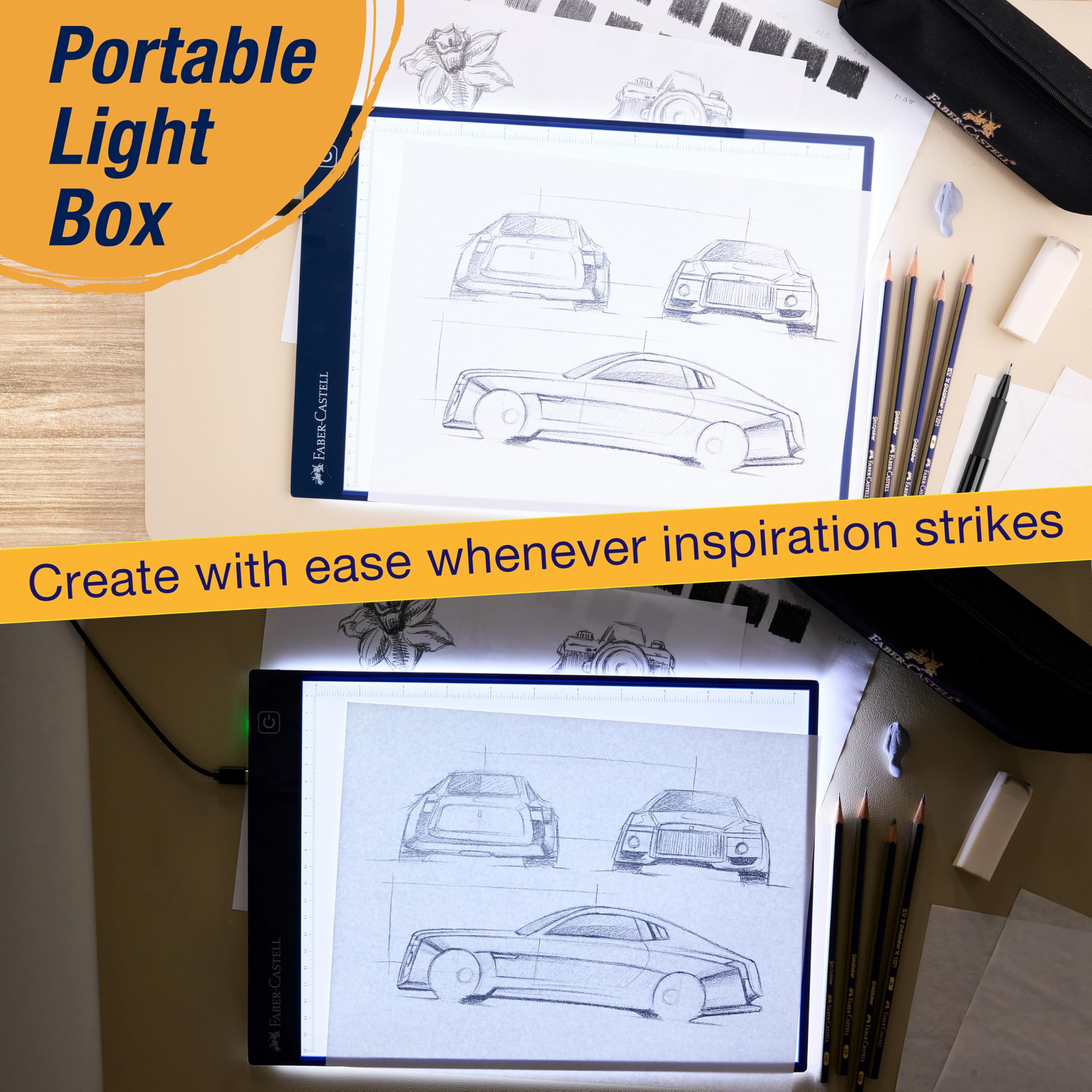 Faber-Castell Planche de traçage lumineuse LED : planche à dessin lumineuse réglable, bloc de dessin LED, boîte lumineuse de traçage, bloc lumineux et planche pour artistes, amateurs et adultes