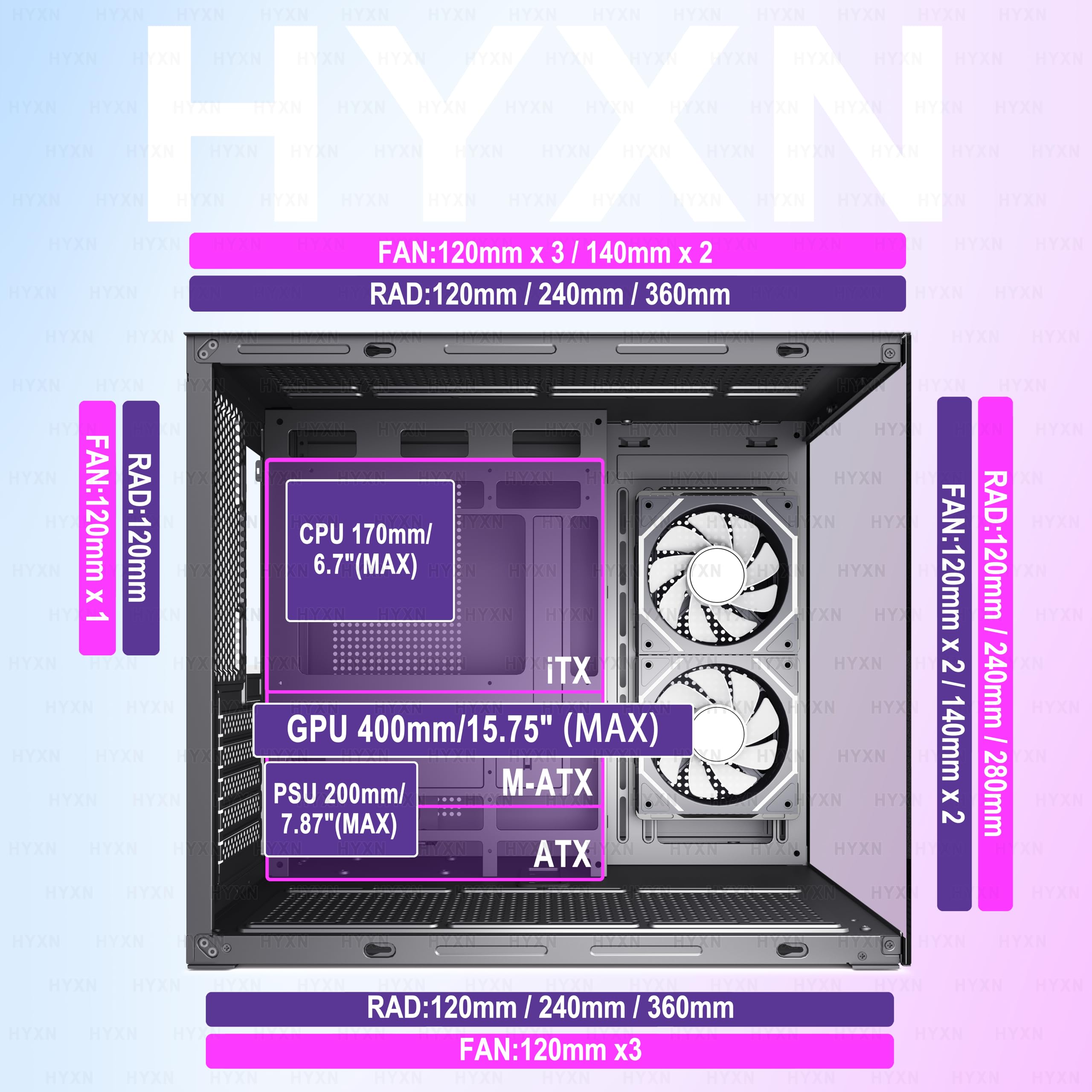 H3 ATX PC Case - Pre-Installed with 6 Infinity Mirror PWM ARGB Fans - Compact Dual Cavity Mid-Tower Gaming PC Case,360mm Radiator Support - with Type-C 3.2 (Black) - 3