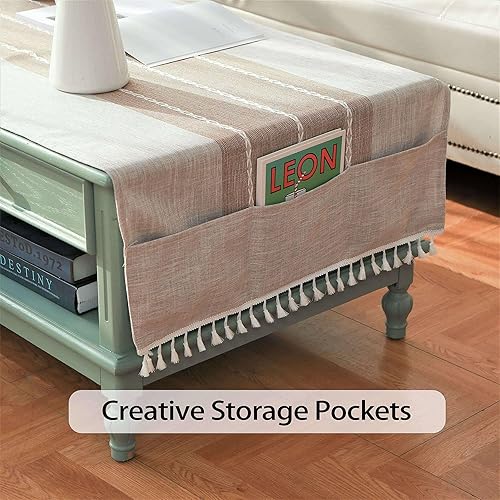 Miniatura 3 de qiden Mantel para mesa auxiliar, funda para mesa auxiliar con bolsillos y borlas, lino de algodón, impermeable, pequeños manteles rectangulares para