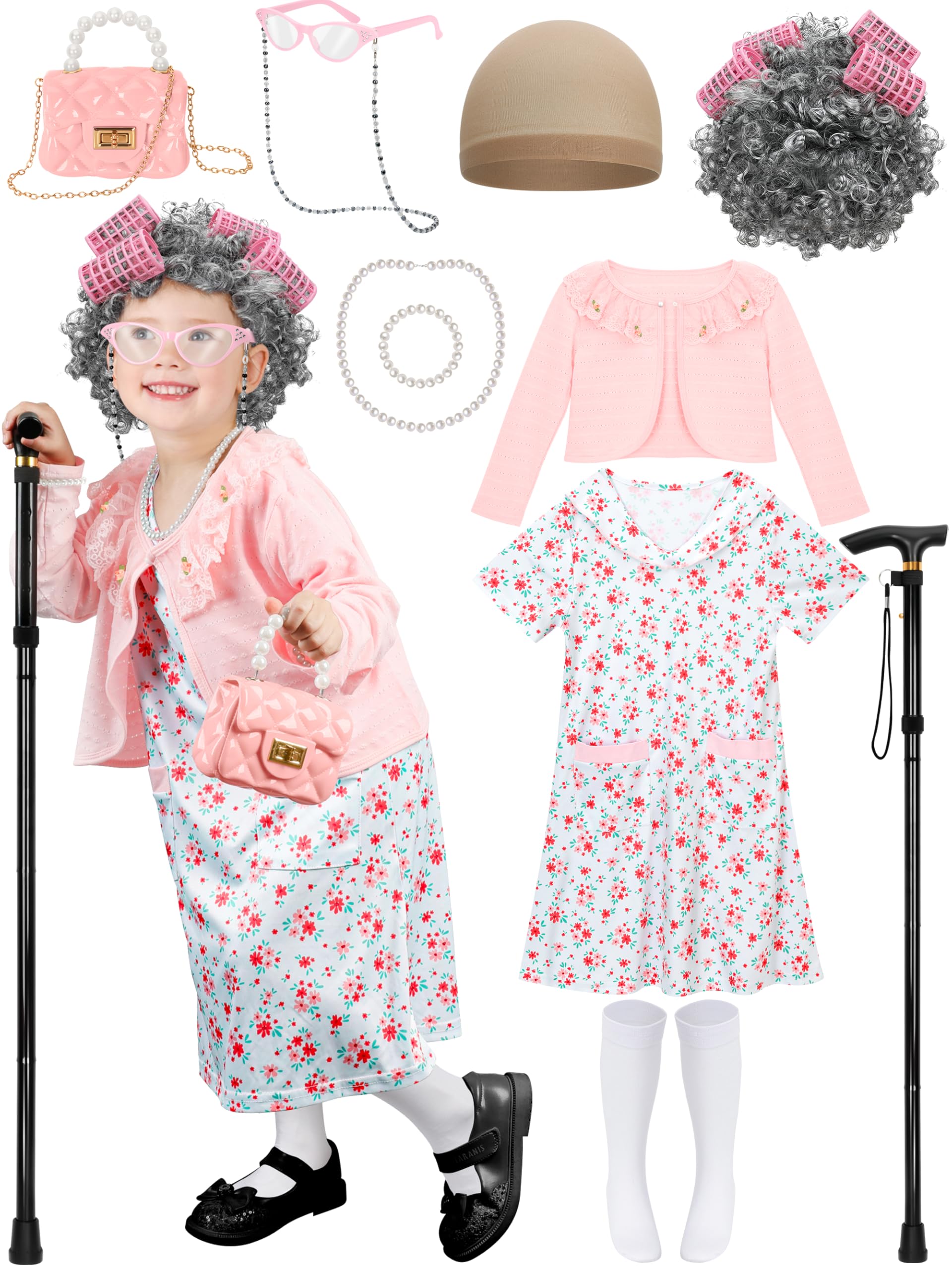 Luces 100 Days of School Cosplay Set for Girls, Old Lady Dress Up for Kids, 100th Day School Granny Wig Accessories Outfit