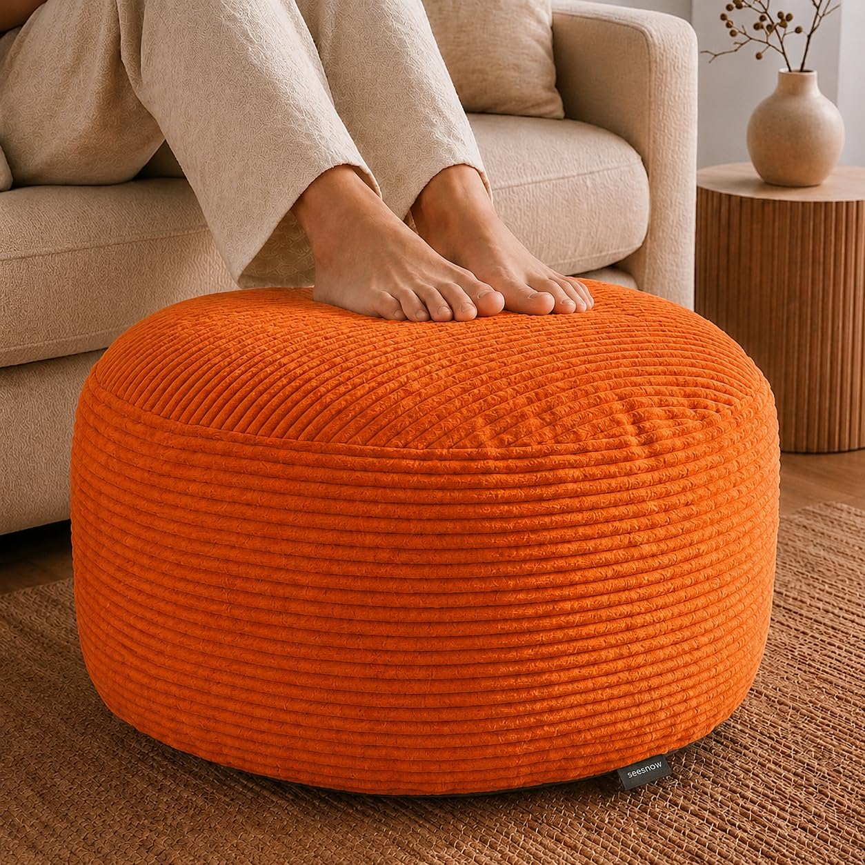 Stuffed Pouf Ottoman,Corduroy Foot Rest,Pumpkin Orange,28 Inch