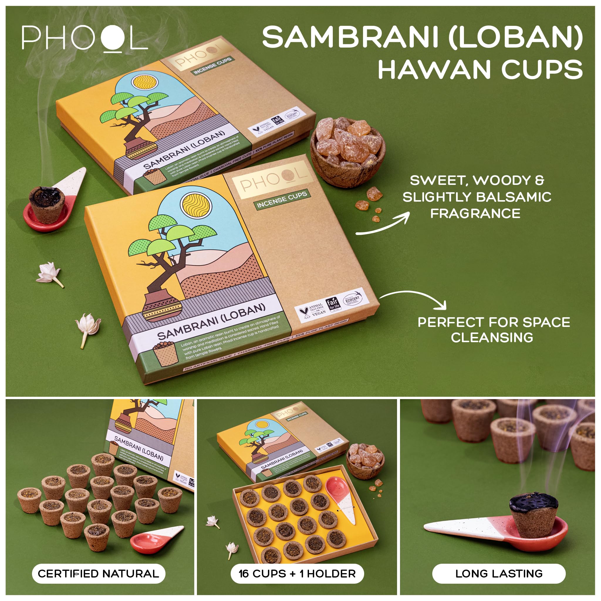 Phool Sambrani Dhoop Cups Navratri and Durga Pooja Havan,16 pcs + 1 Free Stand Certified Natural, Dhuni for Durga Pooja 100% Sambrani Fragrance (loban) Original Guggal Dhoop 1