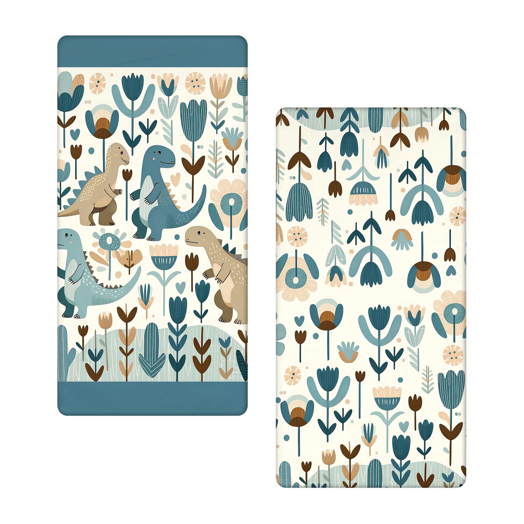 Ambesonne Dinosaur Fitted Sheet Set, Scandinavian Flower Ornaments with Dino Art Neutral Modern Cartoonish Print, 2 Pack Comfortable Bedding All-Round Elastic Pocket, Twin Size, Blue Tan Brown