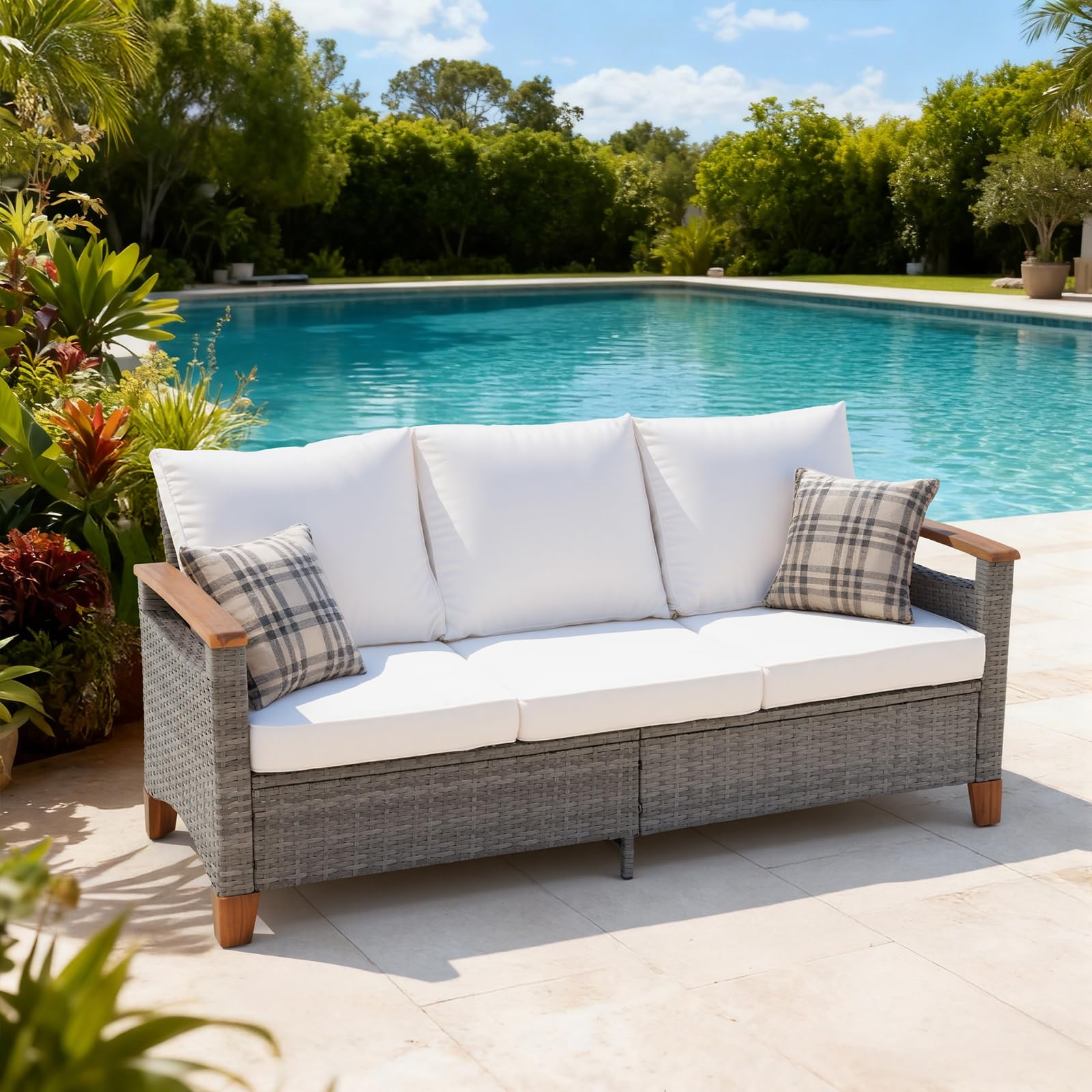 SUNSITT Outdoor Patio Couch Sofa, All Weather Wicker 3 Seater Couch with Acacia Wood Armrest, Outdoor Seating Patio Furniture Sofa with Grey Wicker &amp; White Cushion for Balcony Porch Deck