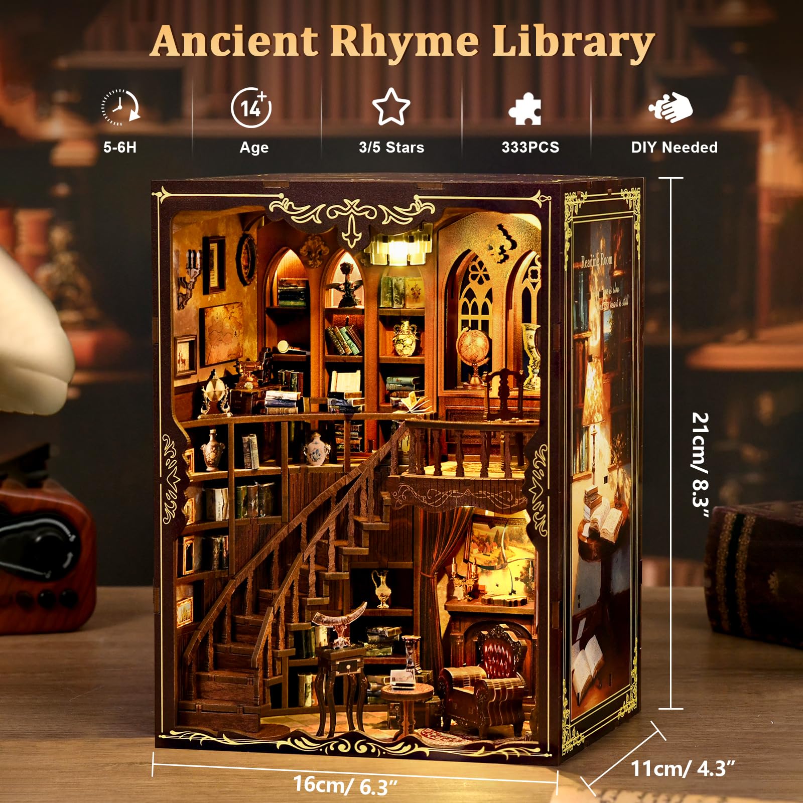 Casa Delle Bambole Kit, 3D in Legno Modellismo da Costruire con Luce Led, Piccola Casa in Miniatura DIY per Adulti, Regali Creativi Artigianali di Natale per il Compleanno (Biblioteca antica)