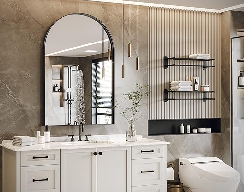 Miniatura 9 de Brightify Espejo arqueado, espejo de pared arqueado, espejo de arco dorado de 24 x 40 pulgadas, espejo de baño dorado con marco de metal, espejo de