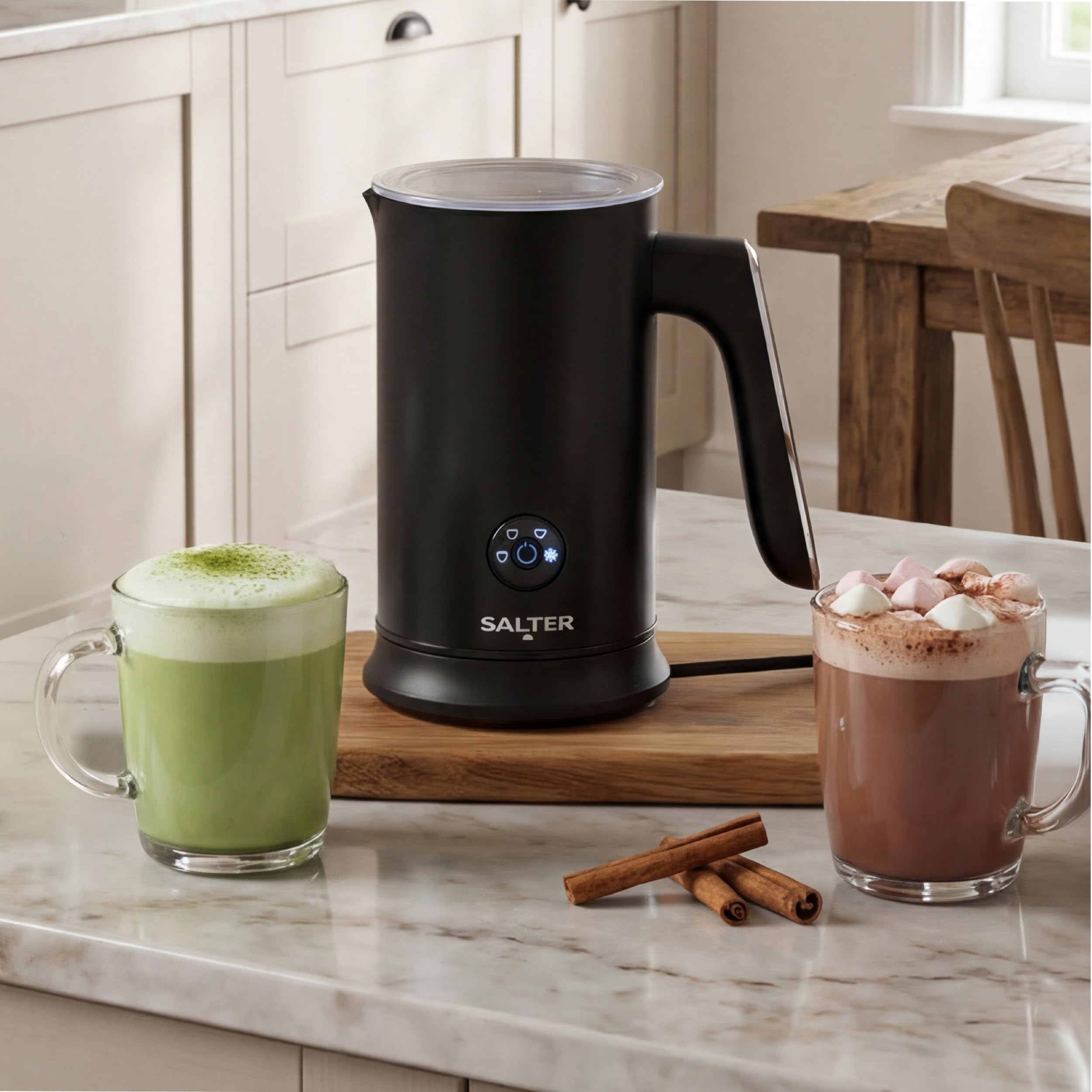 Salter Chocolatier Heißschokoladenbereiter - 4-in-1 Automatischer Milchaufschäumer, heißer & kalter Milchheizer und Schaumgerät, 240ml/115ml, 500W, kabellos, LED-Bedienfeld, für Kaffee, Eiskaffee