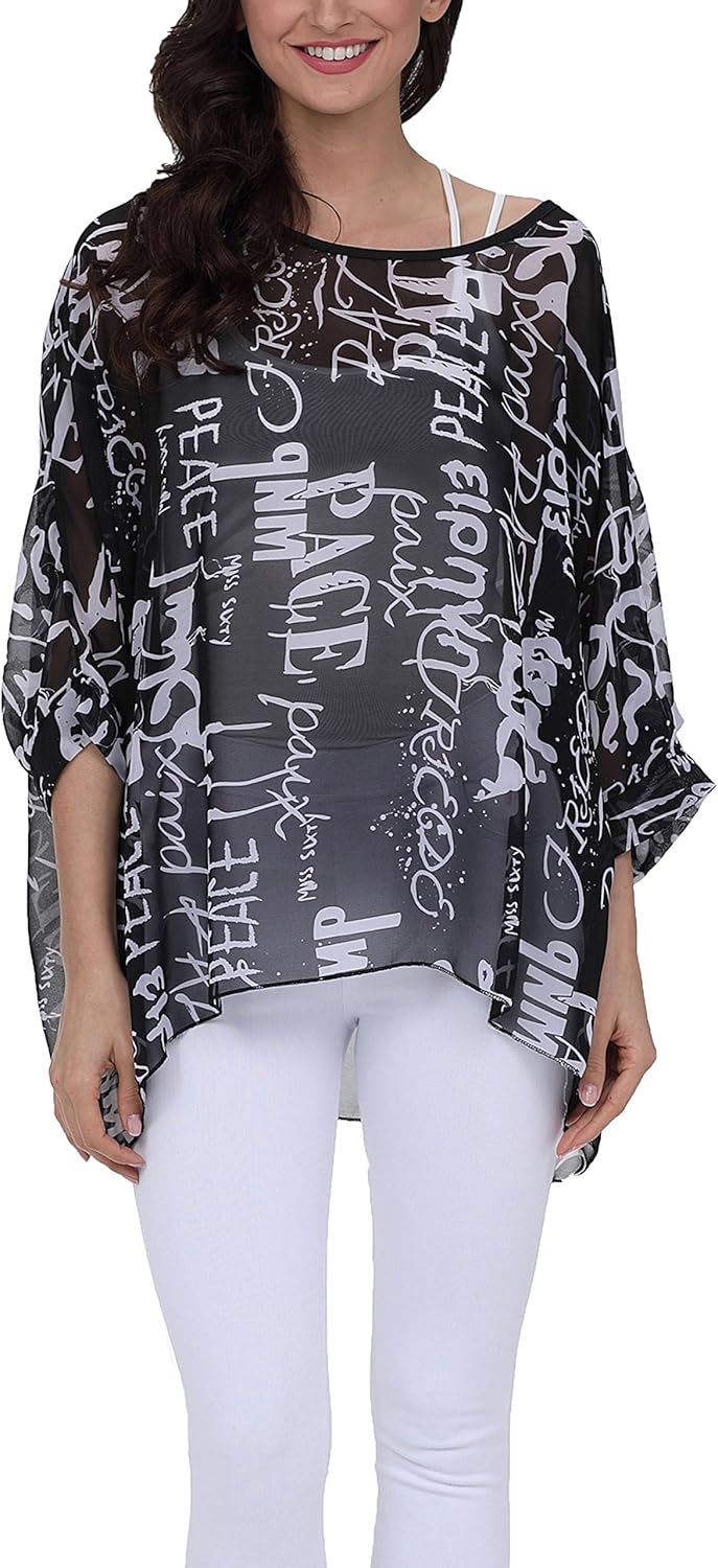 Plus Size Floral Chiffon Batwing Sleeve Tunic Blouse Boho Off-Shoulder Beach Cover Up Loose Summer Tops for Women - Image 3