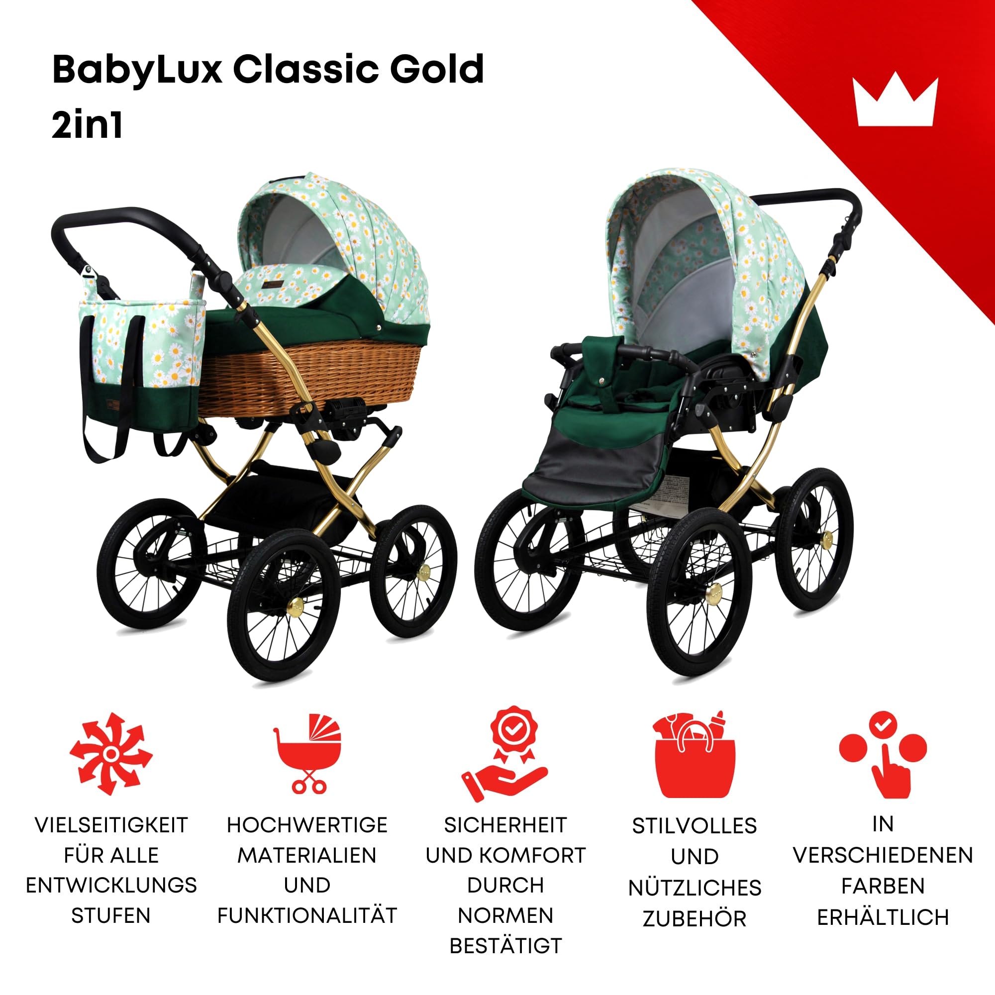 BabyLux ALU 2w1 Wózek dla Malucha – Wózki spacerowe & Wózki dziecięce – Wózek spacerowy dla Noworodka i Malucha – Wózek dla Noworodka – 59x105x125cm – Max 15kg – Green Daisy Gold Frame