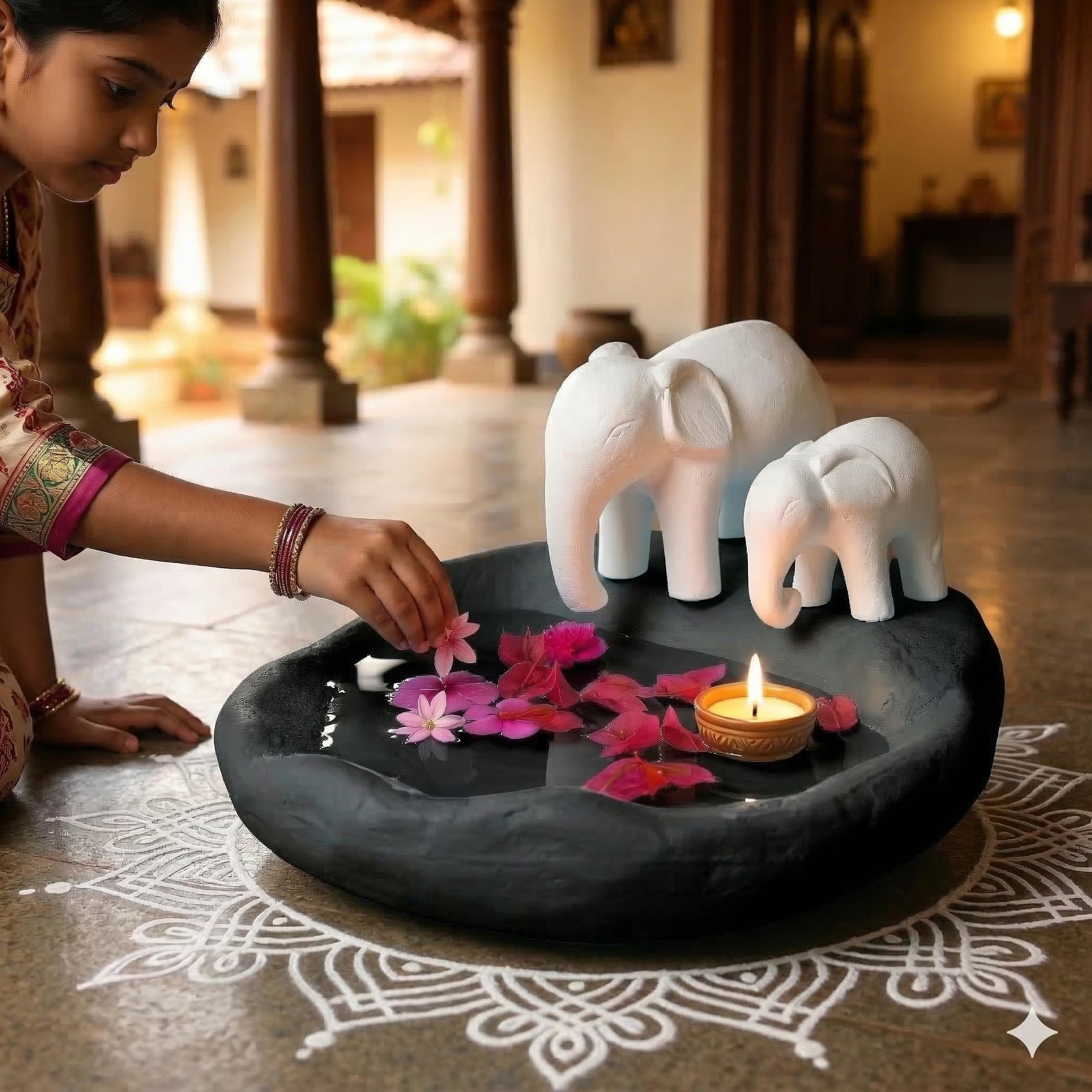 Concrete Urli Bowl 13 Inch for Home Decor | Floating Flower Bowl for Entrance & Pooja | Elephant and Calf Design for Living Room Decoration (Black & White)-image-22