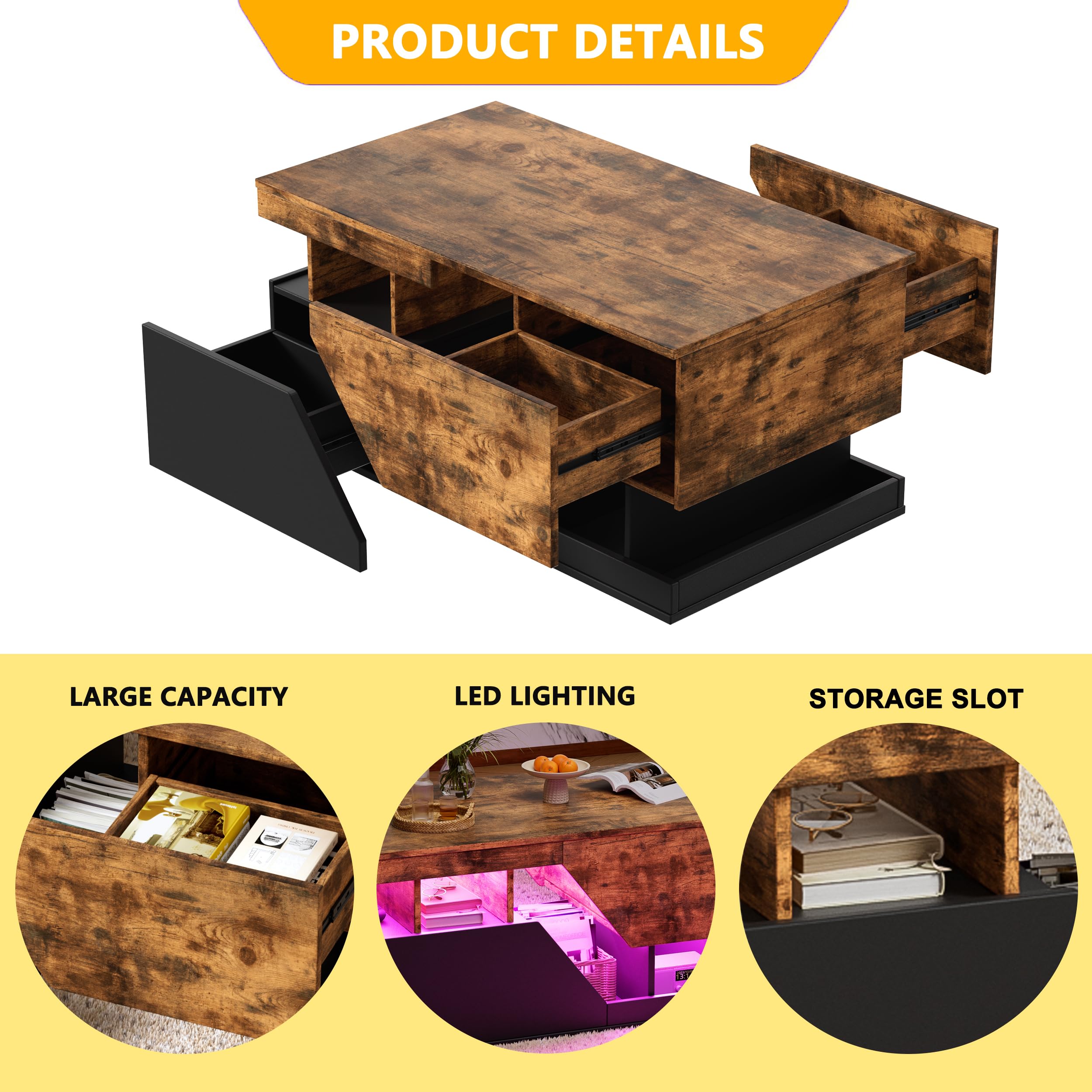 MSFE Couchtisch LED, Wohnzimmer Möbel mit 4 Schubladen und Offener Lagerraum, Couchtisch mit stauraum, Sofa Tisch, Wohnzimmertisch für Wohnzimmer/Esszimmer, Wohnzimmermöbel,Zwei Pakete