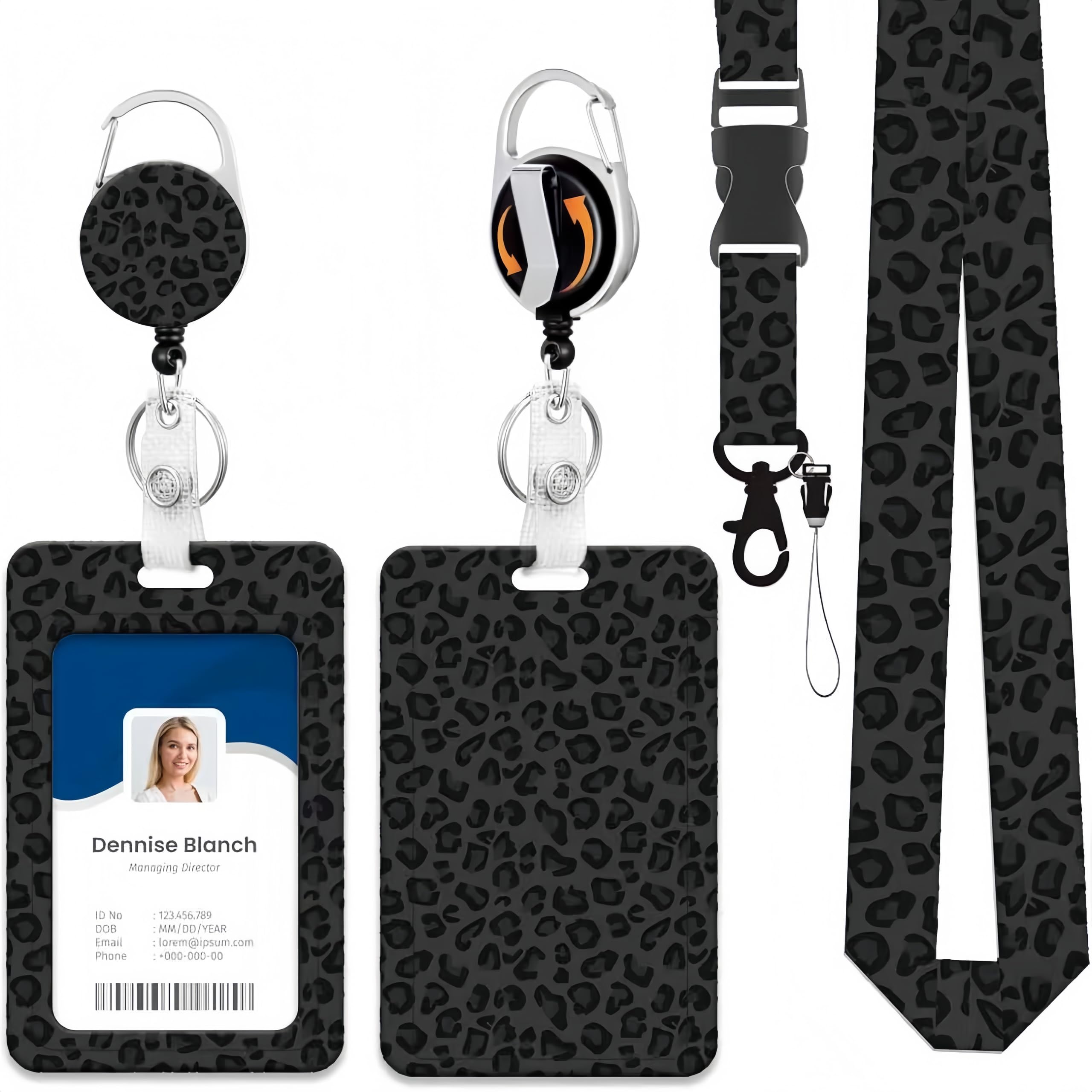 Fashionable Sliding Badge Holder Black Leopard Plastic Case with Retractable Badge Reel Carabiner Clip & Detachable Lanyard, for Office Nurse Student(Leopard) ﻿