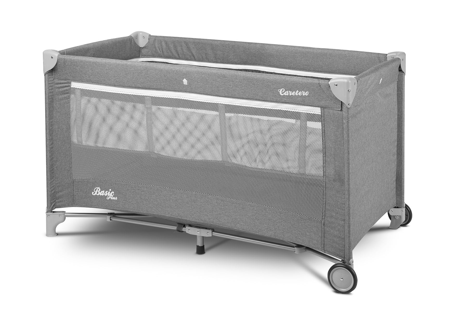 CARETERO - Łóżeczko turystyczne z materacem 120x60 cm, Basic Plus - Składane łóżeczko turystyczne dla dzieci do 15 kg - Od urodzenia do 4 lat - W zestawie torba transportowa - Szary