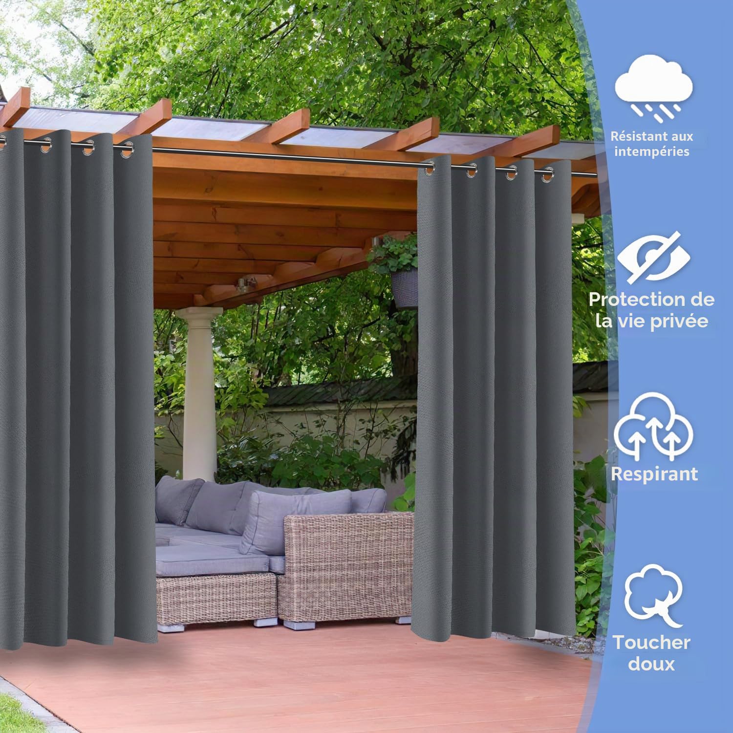 Lot de 2 rideaux d'extérieur 132 x 244 cm (l x H), opaques, imperméables, résistants aux intempéries, avec œillets, brise-vue et protection solaire, pour balcon, jardin, terrasse, tonnelle,