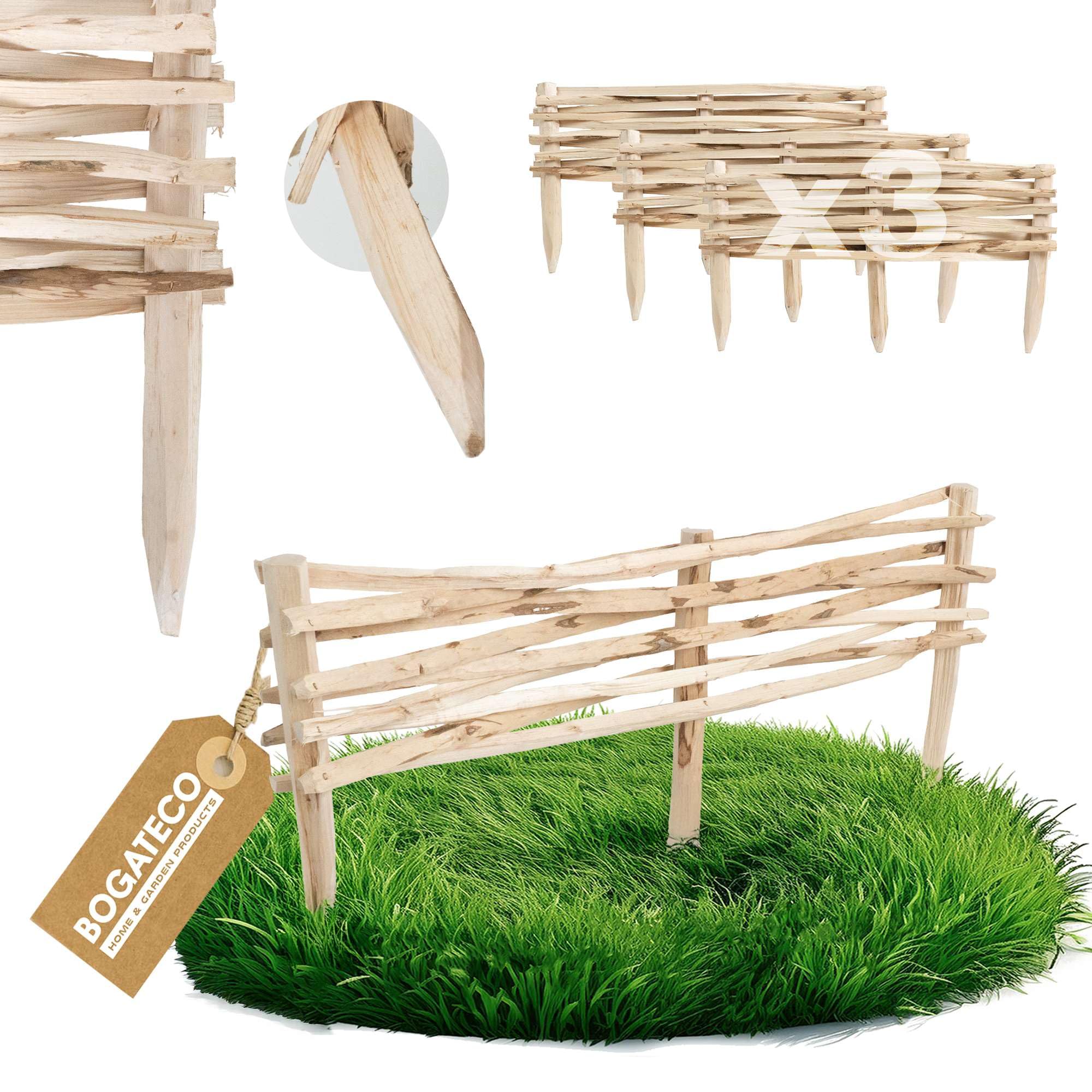 BOGATECO 3 vallas de jardín de madera de avellano, 90 cm x 20 cm, borde de césped, valla de madera, valla de estacas, valla de estacas, cercas para arriates, valla de inserción, perfecta como borde de