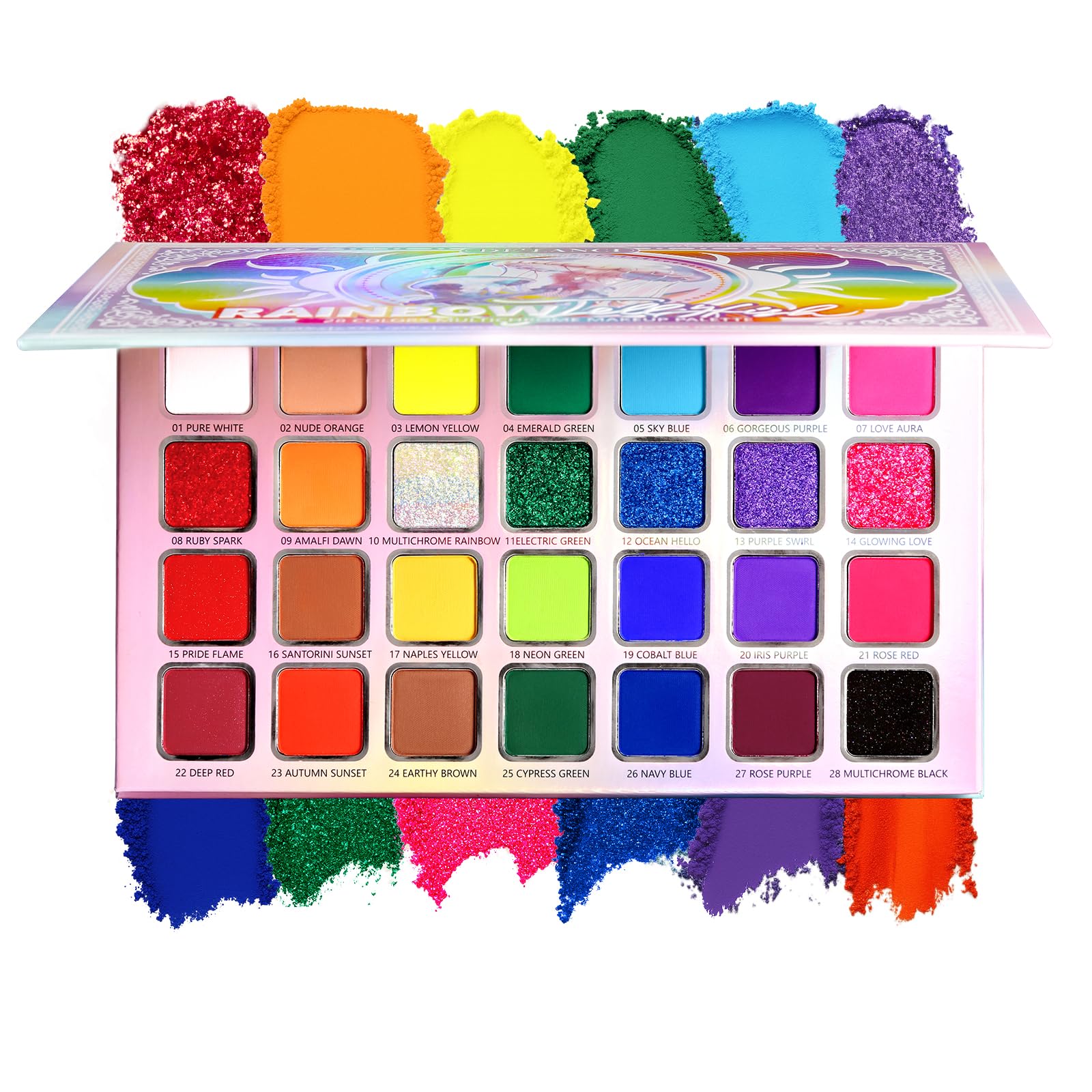 DE'LANCI Colorful EyeshadowPalette, 28 Neon Rainbow Eye Shadow Multi-Colored Metallic Shimmer Matte Makeup Bright Vivid Eye Makeup for Girls & Highly Pigmented Eyeshadow Cosmetics Daily Festival Looks