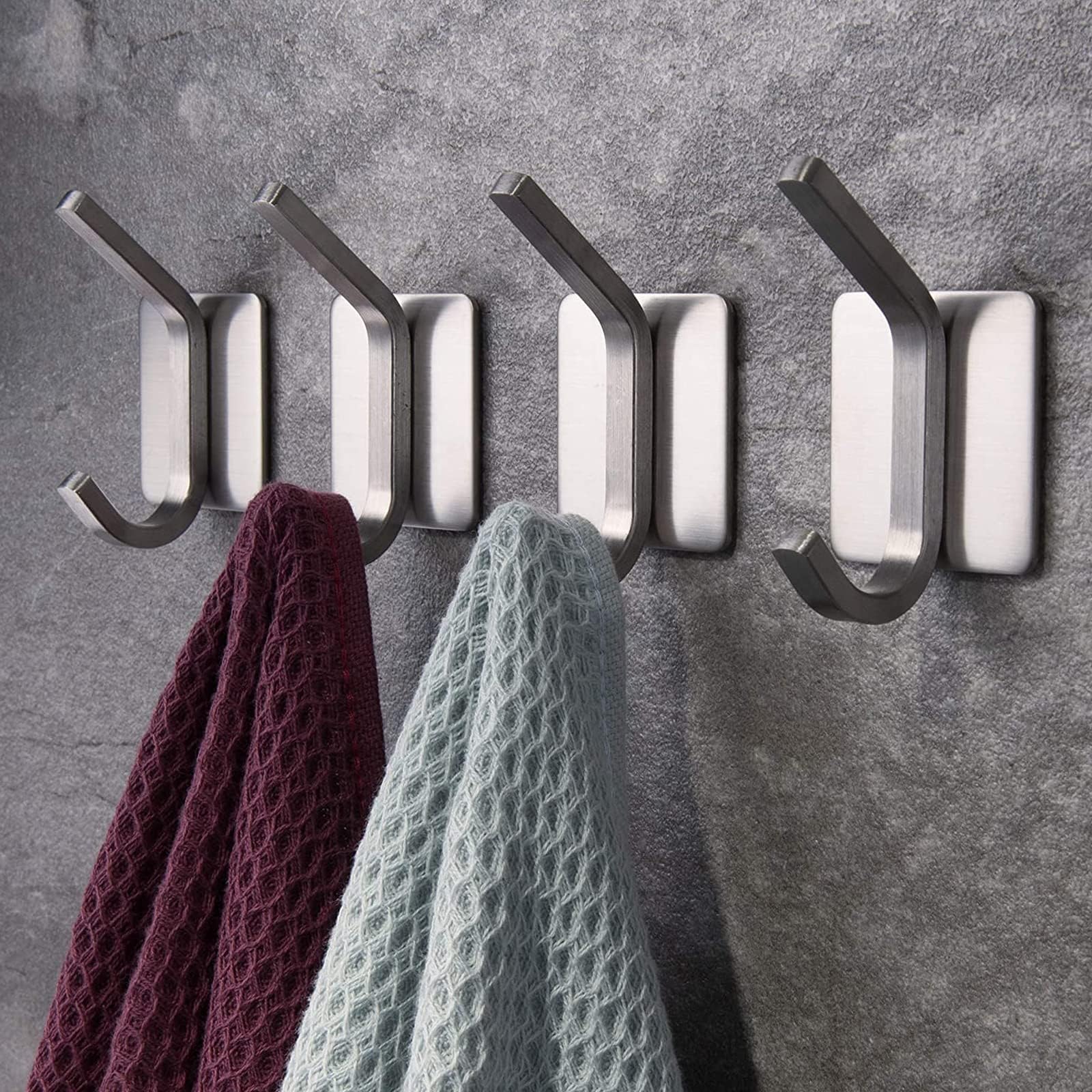 Sulfar Self Adhesive Hooks 4 Pack, Brushed Stainless Steel Adhesive Door Hooks, Heavy Duty Wall Hooks for Hanging Towels, Robes, Coats, Keys, Calendars Bathroom Home Kitchen, No Drill Glue Needed