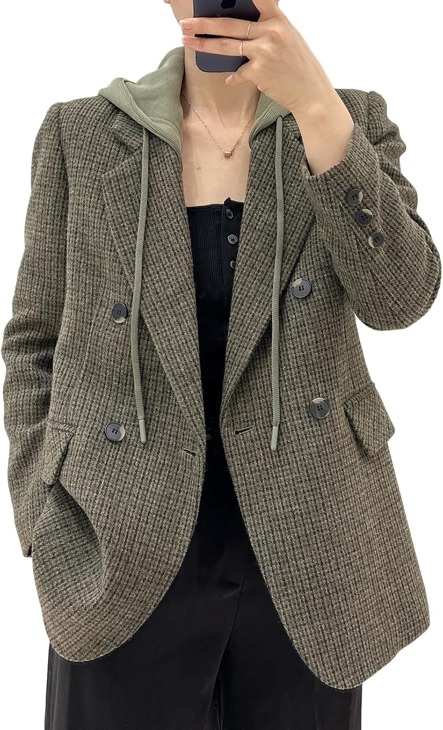 Mina Self 2026 Women's Spring Hooded Blazer Jacket - Double-Breasted Oversize Loose Fully-Lined Work Office Suit with Pockets