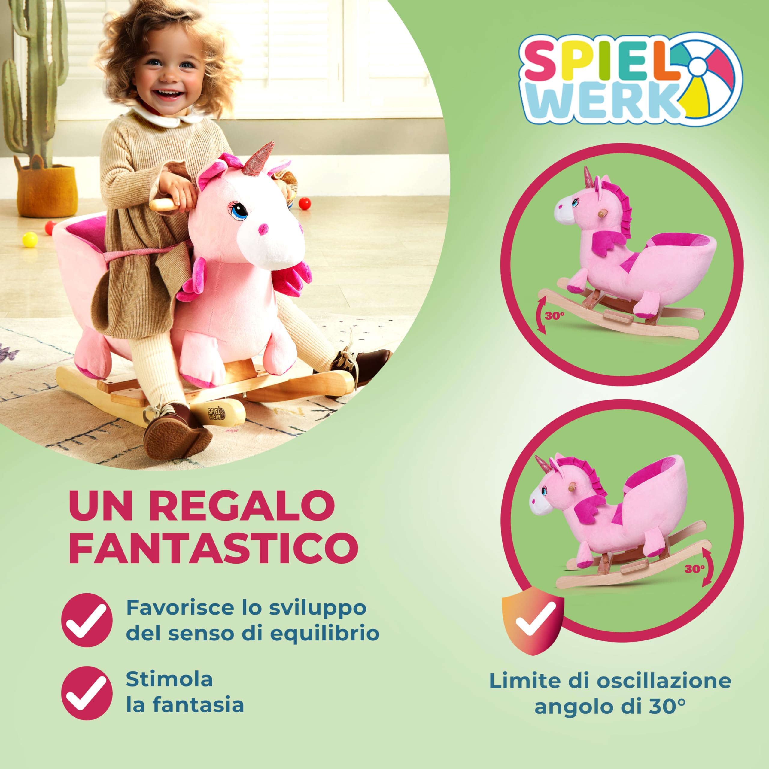DEUBA® Unicorno Rosa Peluche a Dondolo Legno con Suoni Cintura di Sicurezza Giochi Infanzia Bambini Giocattolo Regalo