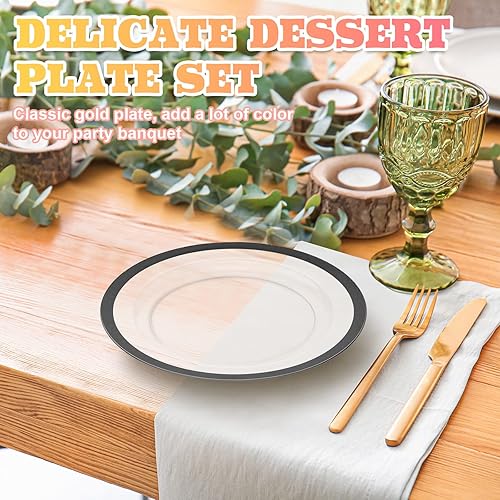 Miniatura 3 de Tanlade 100 platos de plástico negro transparente a granel de 7.5 pulgadas desechables de alta resistencia con borde rojo redondo ensalada postre