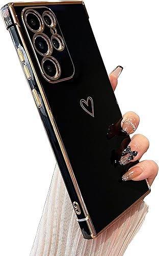 Miniatura 4 de DEFBSC Funda compatible con Samsung Galaxy S22 Ultra con corazón dorado, borde chapado de lujo, protección completa de la cámara, para mujeres y