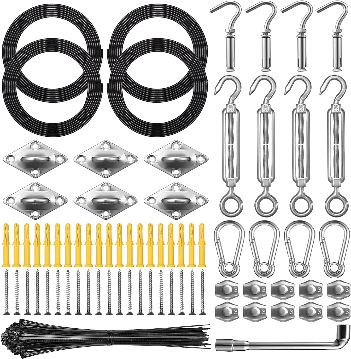 Azonee Sun Shade Sail Hardware Kit with 12FT Nylon Coated 304 Stainless Steel Wire Rope Shade Sail Installation Kit Sun Shade Sail Installation Replacement for Outdoor Patio Garden