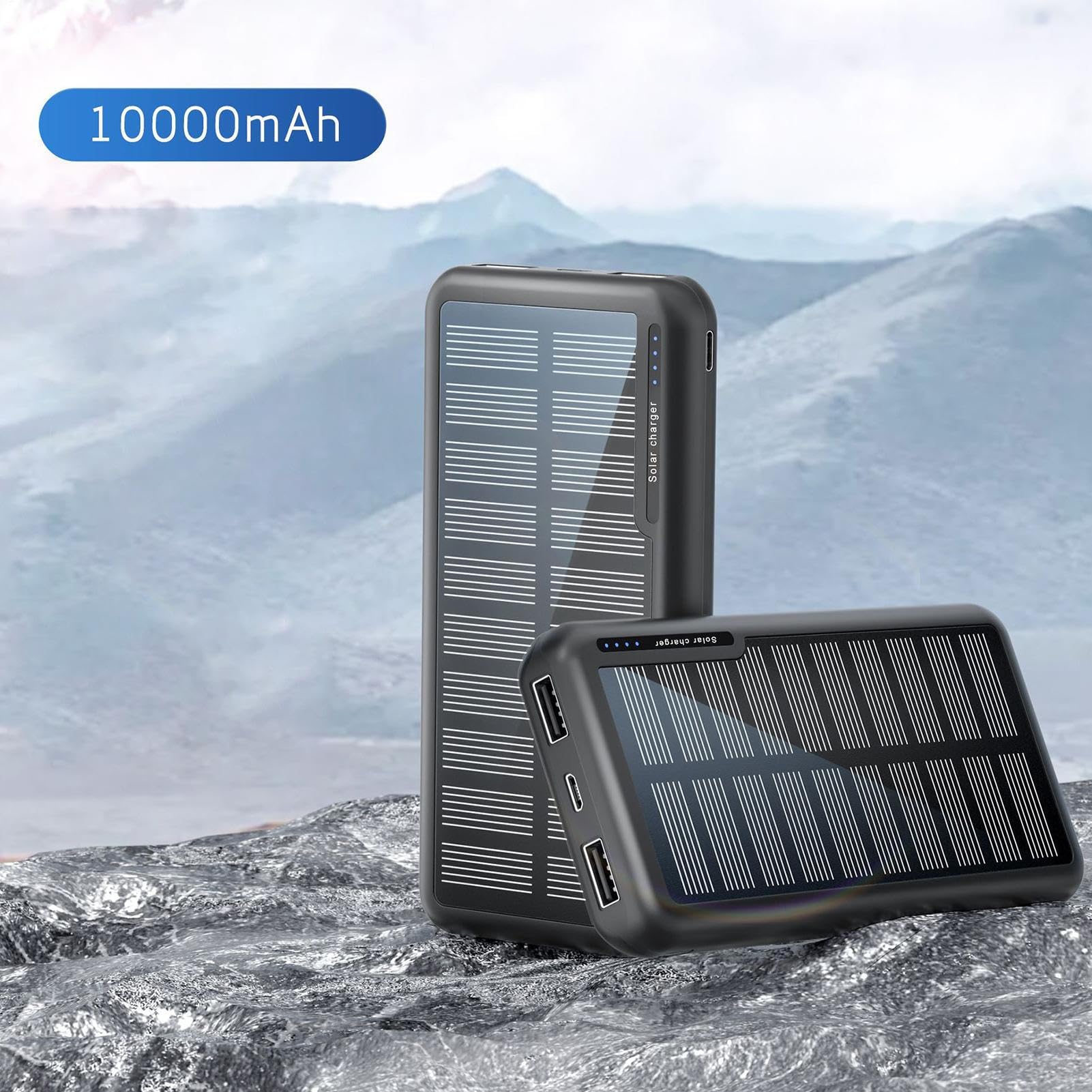 Chargeur portable – Chargeur solaire pour smartphone 10 000 mAh | Banque de charge portable fine pour randonnée, festival, plage, avion, randonnée, pêche en plein air, université