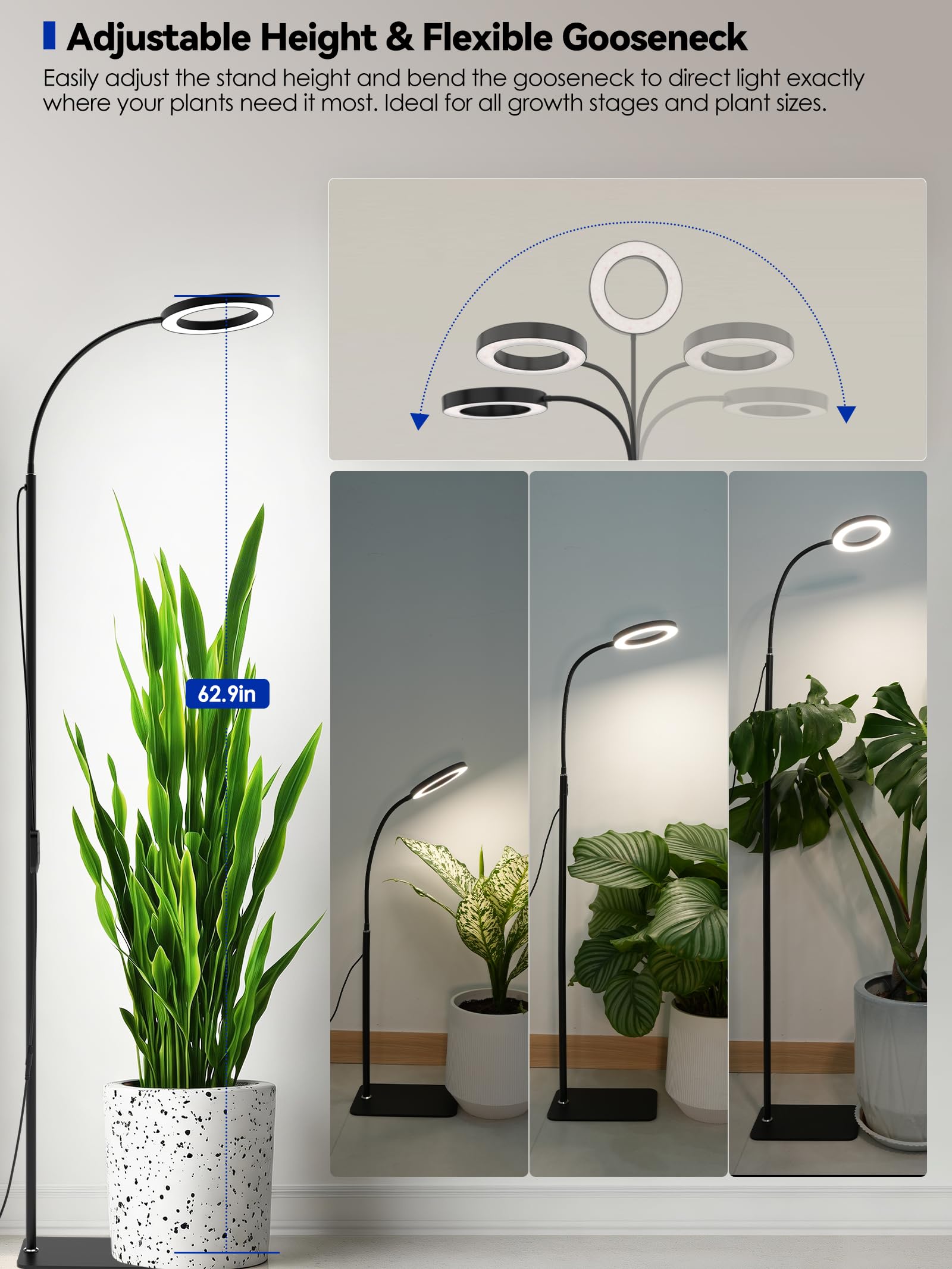 GLOWRIUM - Lampade per la coltivazione di piante da interno, LED a spettro completo da 20 W con luce di crescita, supporto regolabile in altezza e angolazione, lampada per piante nera con timer di