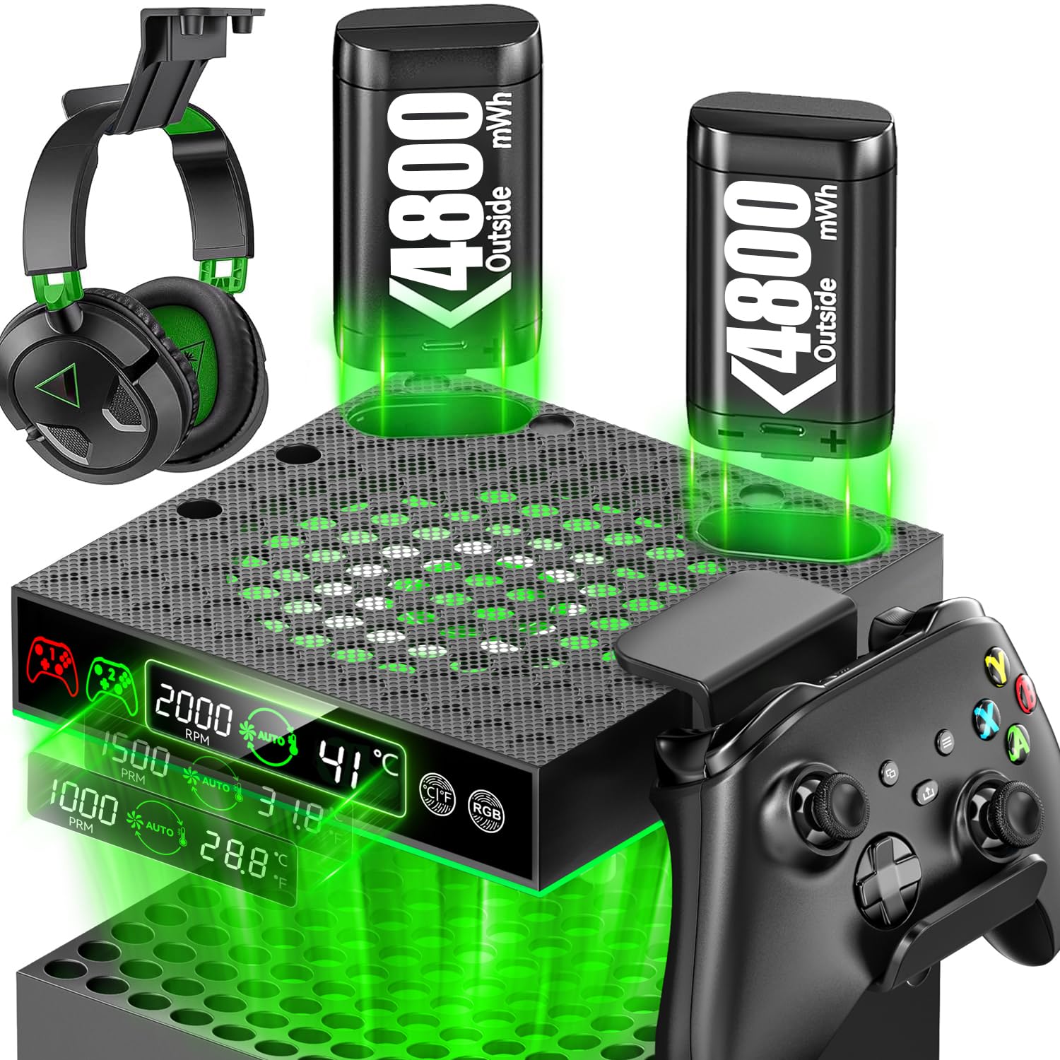 Lüfter für Xbx Series X & Series S Konsole mit 2 Packs 4800mWh Xbx Controller Akkus, Auto Einstellbares Kühler mit Modi eingebaut, mit Controller & Headset Halterungen