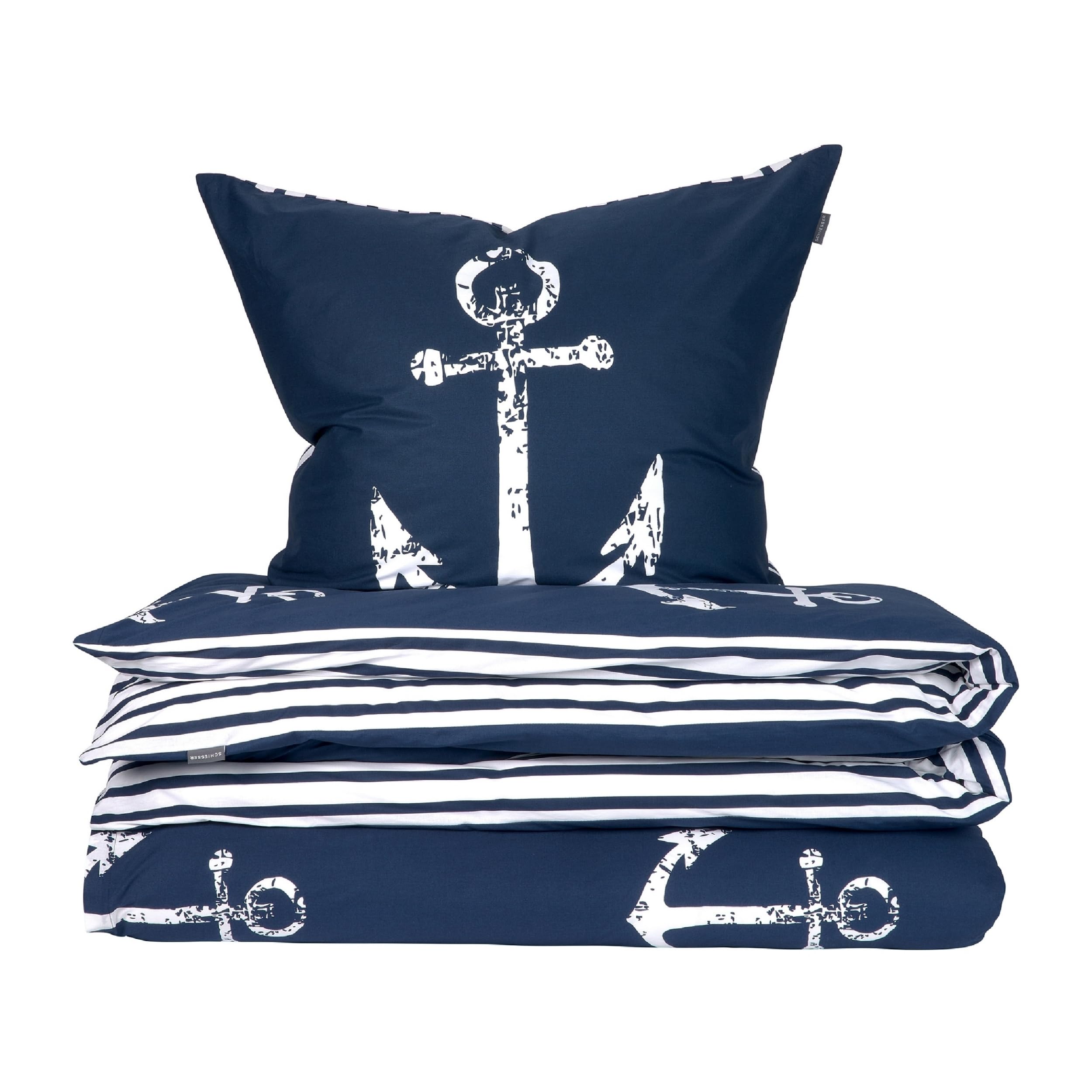 SSchiesser Bettwäscheset Marina | 2-teilig | Maritim | Renforcé | 100% Baumwolle | Oeko-Tex Zertifiziert | Reißverschluss | 155x220cm + 80x80cm | Dunkelblau