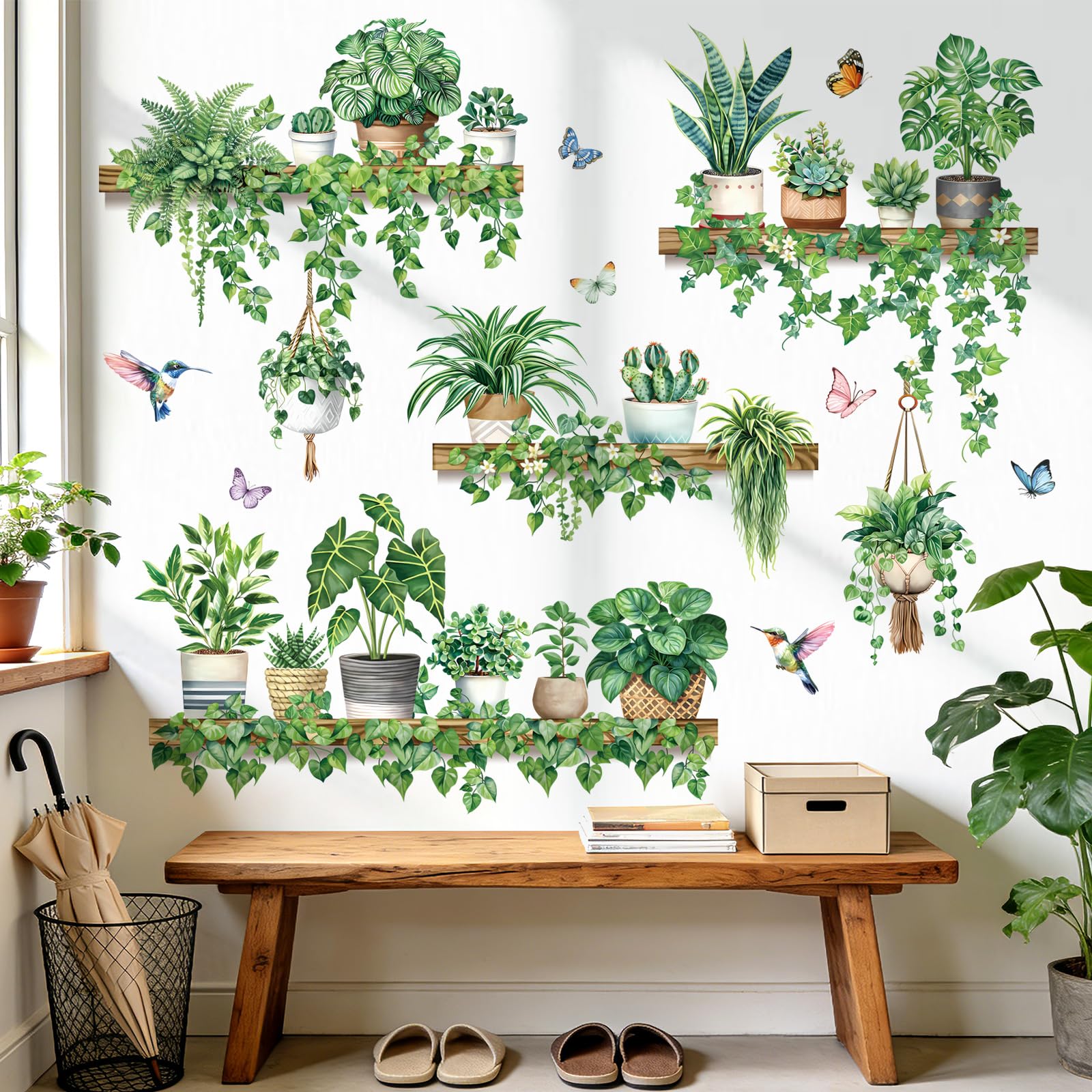 decalmile Green Pot Plants Wall Stickers Tropical Leaf Hanging Vines Leaves Bird Wall Decals Living Room Tv Background Bedroom Home Decor
