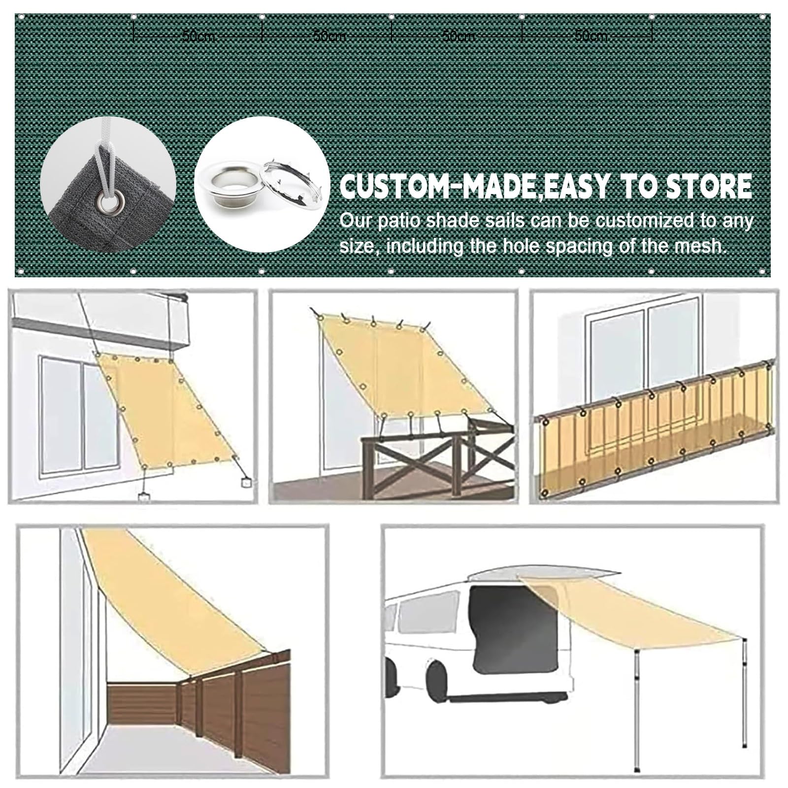Toldo Vela de Sombra 100 x 700 cm Toldo HDPE Exteriores Impermeable a Prueba de Viento Protección UV Vela, Malla Sombreadora para Terraza Balcon Exterior Jardín, Verde Oscuro